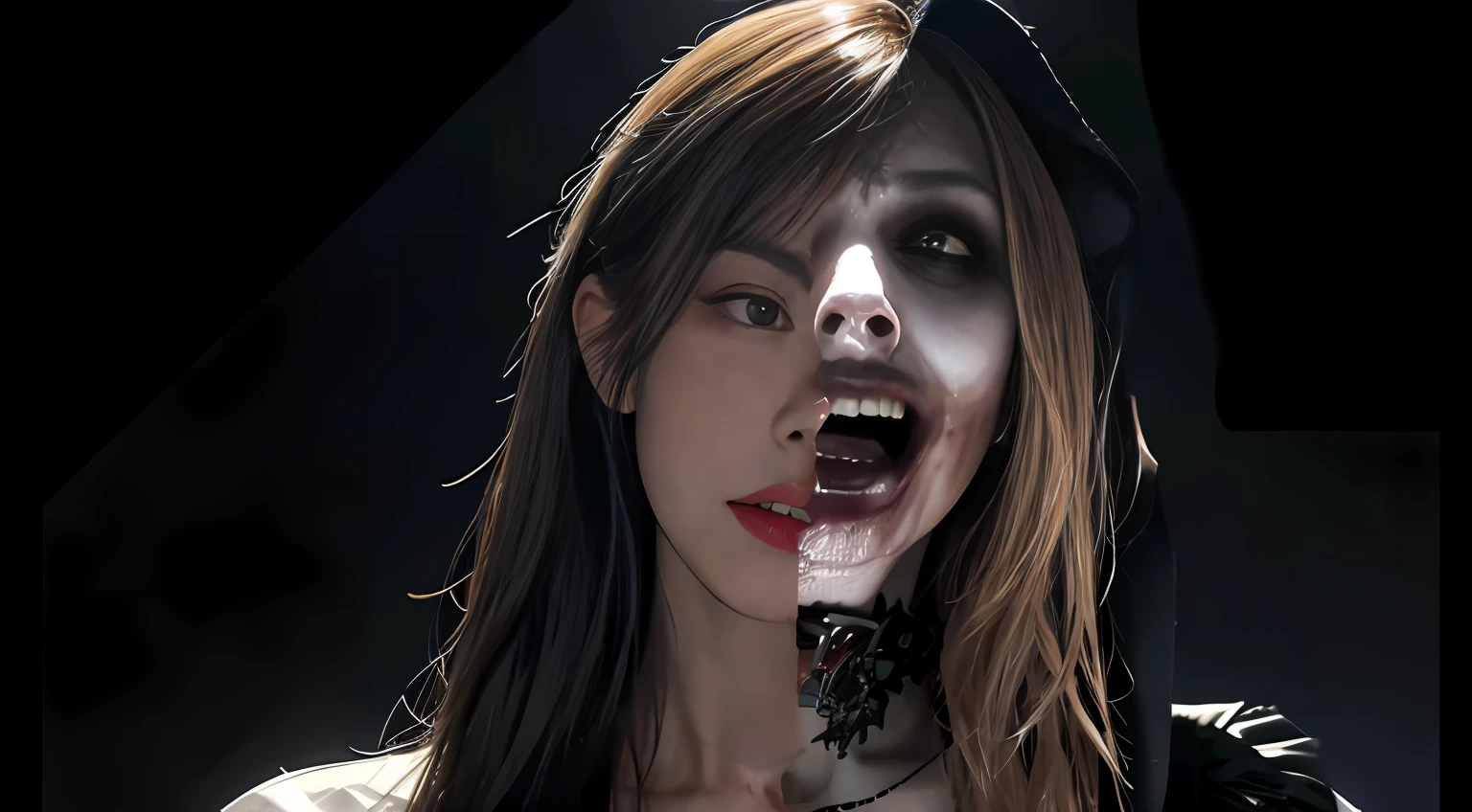 (RAW photo, best quality), (realistic, photo-realistic: 1.3), extremely terrific, masterpiece, ultra-detailed, highres, best illustration, best shadow, intricate, depth of field, horror, scary, scary, scary, horrifying, solo, 1girl, dirty hair, (scary eyes), evil insane eyes, insane monster smile with sharp teeths, looking at the viewer, black torn clothes, hood, blood, bloody, insane expression, sharp focus, volumetric mist, 8k UHD, DSLR, high quality, (film grain: 1.4), Fujifilm XT3, darkness, night