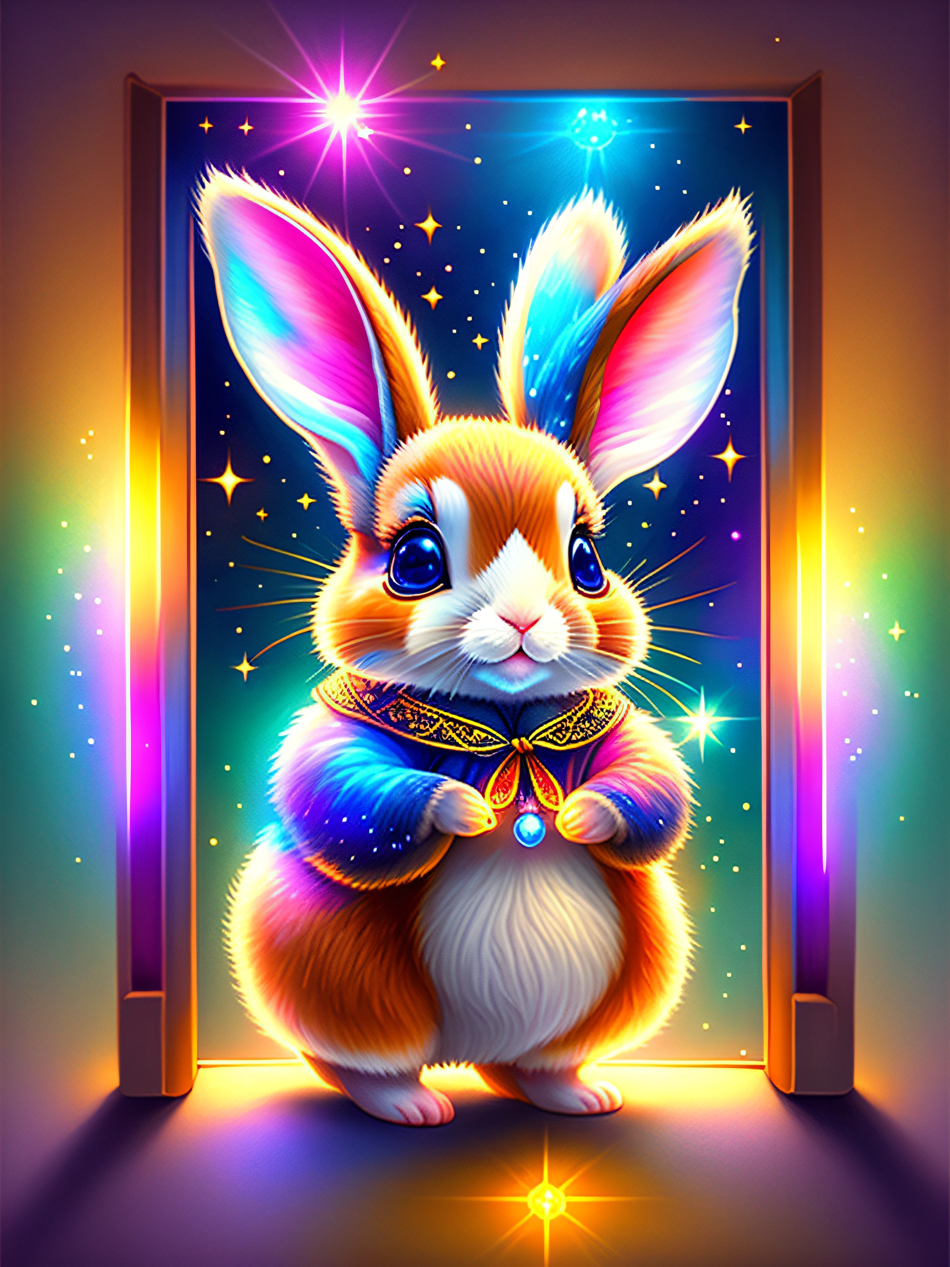 uma pintura de um coelhinho colorido em um fundo preto,, Breathtaking rendering, inside a radiant connection, inspirada em Kinuko Y. craft,, Magical Elements, bunny icon, UAU, it's beautiful, casting a colorful multi spell, bright flash, glare