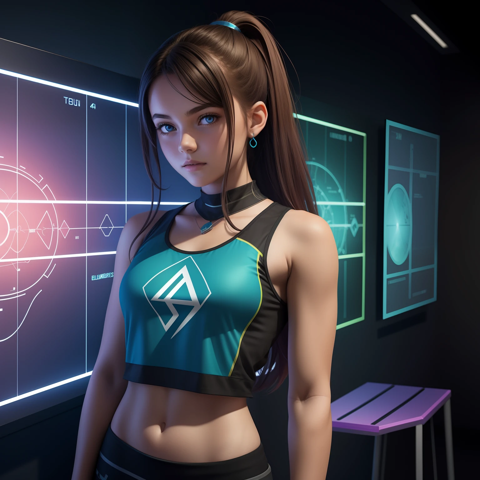 Teen woman wearing a element chart tank top, concept art, 4k