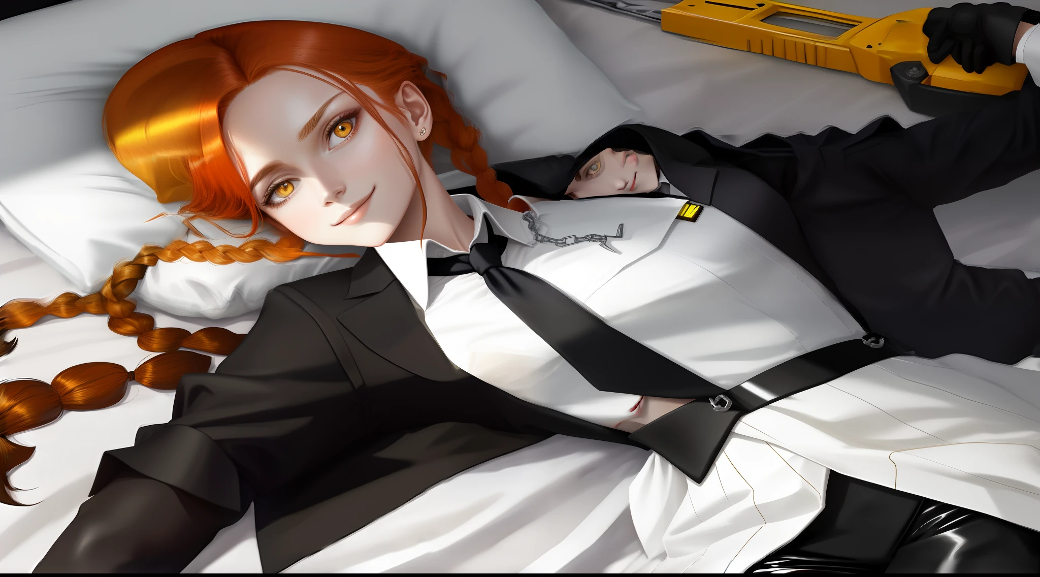 Detailed shiny skin,(Fidelity,Fidelity:1.4),A pretty girl,Lie down in bed,white shirt,collared shir,black necktie,Black pantsuit,longer sleeves,ssmile(Nasal redness),yellow eyes ,short detailed hair+redheadwear+long braid,makima\(chainsawman\)