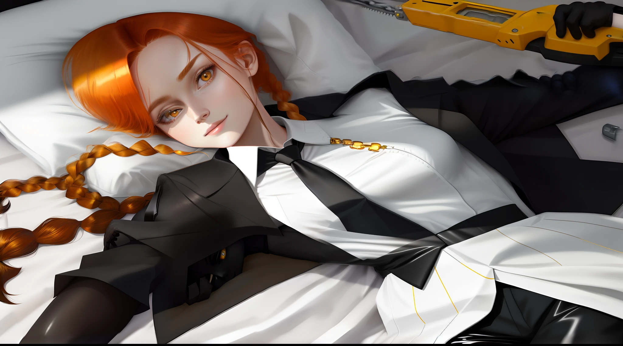 Detailed shiny skin,(Fidelity,Fidelity:1.4),A pretty girl,Lie down in bed,white shirt,collared shir,black necktie,Black pantsuit,longer sleeves,ssmile(Nasal redness),yellow eyes ,short detailed hair+redheadwear+long braid,makima\(chainsawman\)