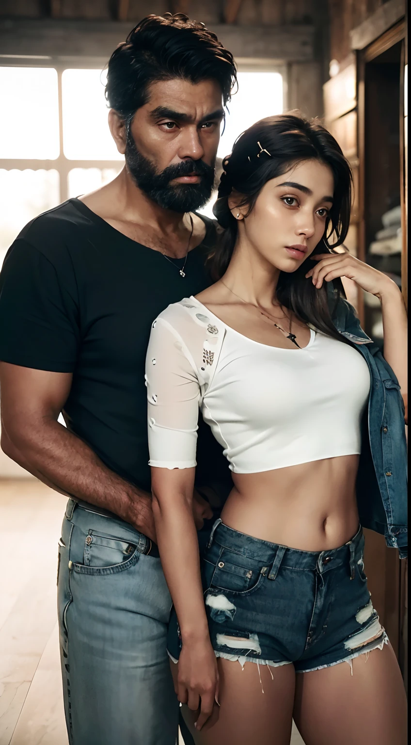 (old hairy dirty old man with torn clothes 90 years bearded),(Holding her from behind and talking in her ear),other men catching her ,picking up in lap, white crop top and dark blue shorts jeans,40k, photography, masterpiece, best quality, (1 indian girl ), (white crop top and dark blue shorts jeans ),elderly man leaning against her from behind picking her up,