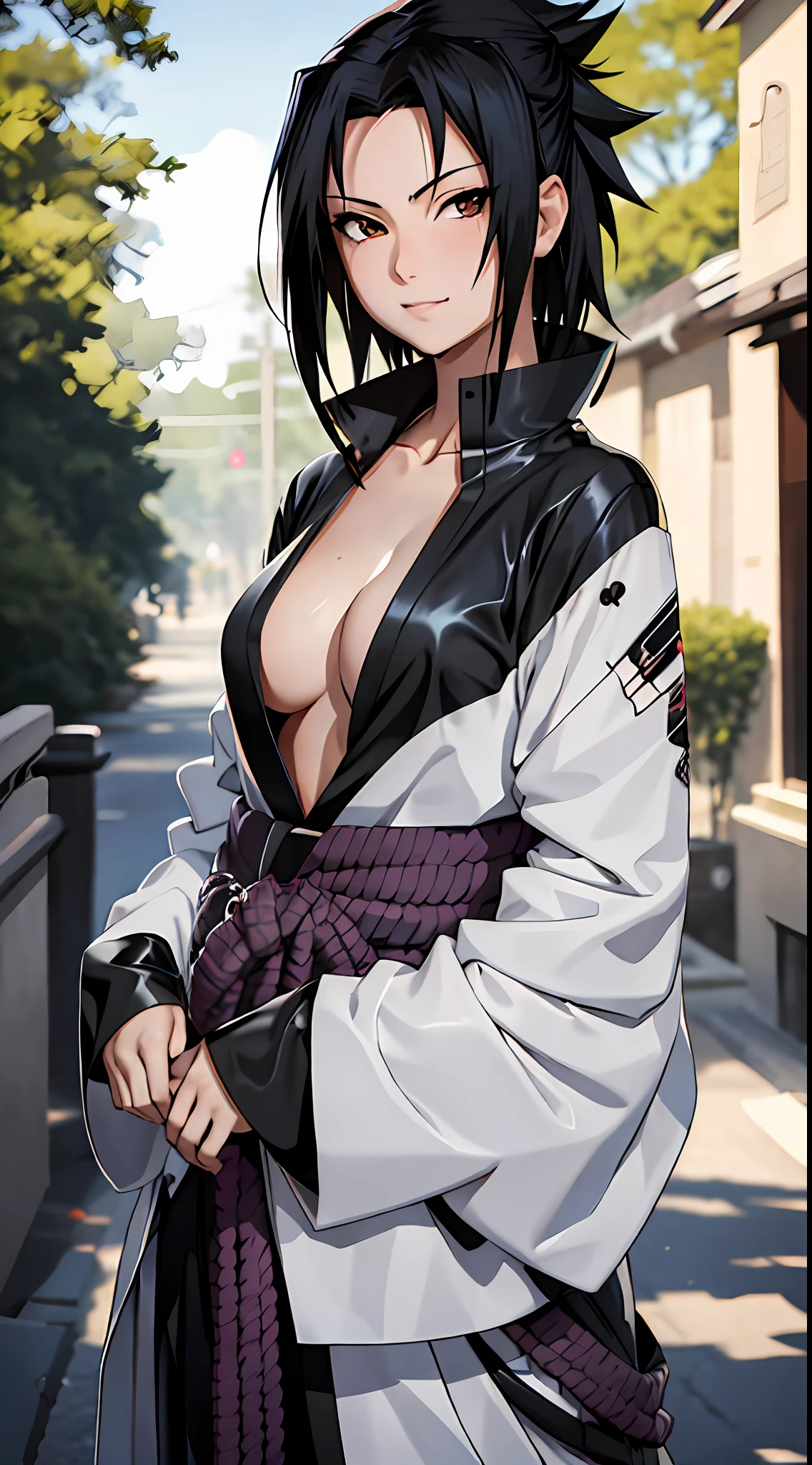 tmasterpiece， Best quality at best， 1girll，(waistup:1.5) ，sasuke， Large breasts，（upperbody closeup)，Raised sexy，is shy，ssmile，Black hair， （Black eyeballs:1.4)， exteriors