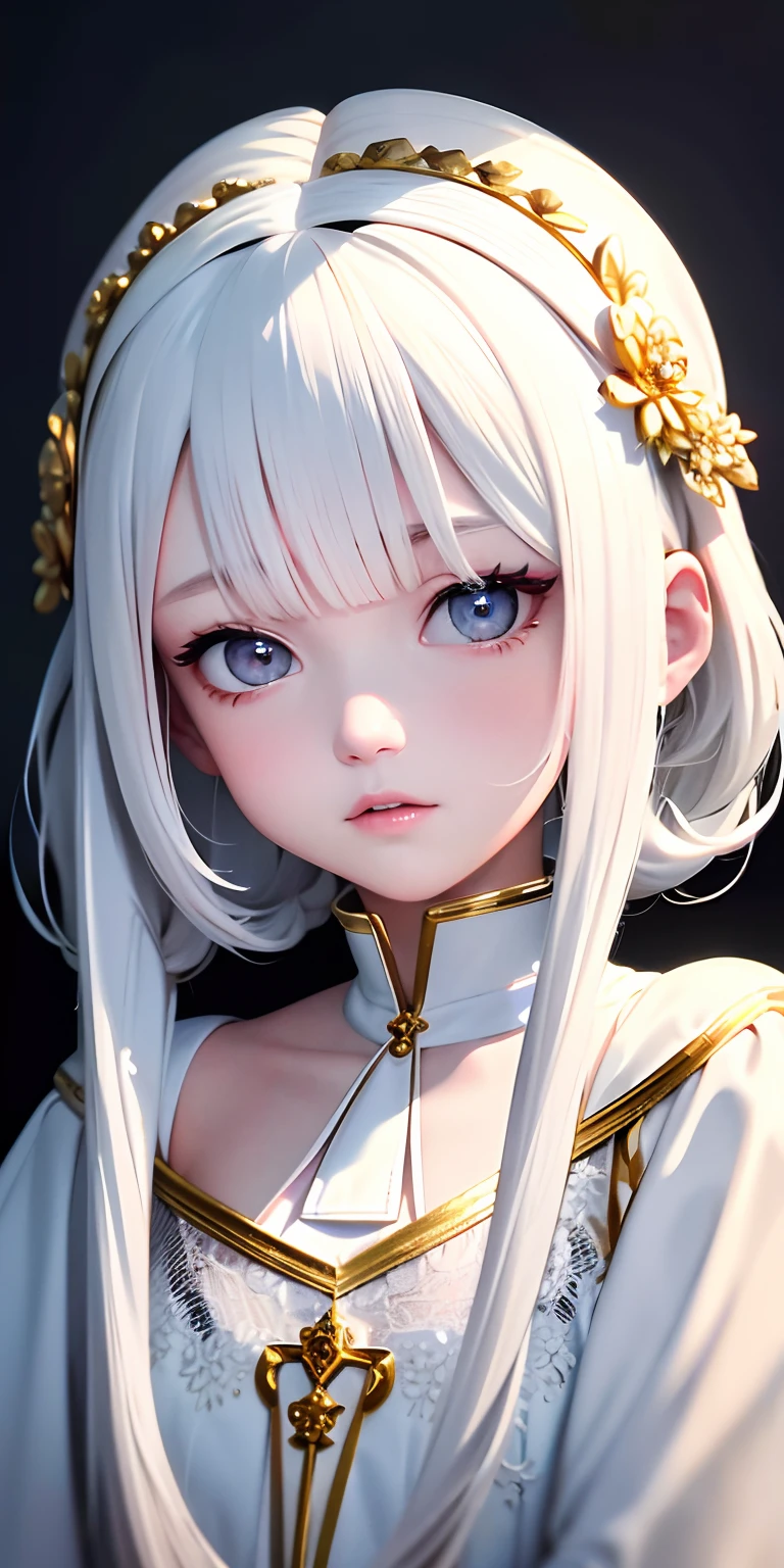 best quality, masterpiece,white hair, gold eyes,white clothes, looking up, upper body,hair strand,Fair skin,side braids