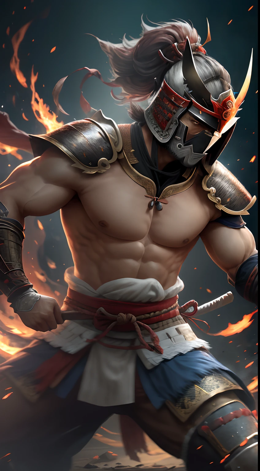 (8k), Ultra resolution 8K, Stunning illustration of a samurai warrior , Powerful Hero, Warrior Prince,Traje de samurai Athletic Body samurai, armadura muy bien detallada,((sostiene una gran hacha de espada)), cinematic lighting,action pose, agregar efecto al final,Mythical background