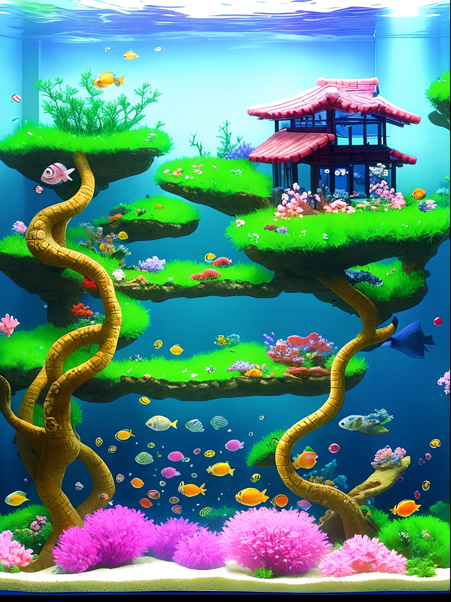 Big fish tank, pet turtle, cherry blossom tree, wind, current, fish, free