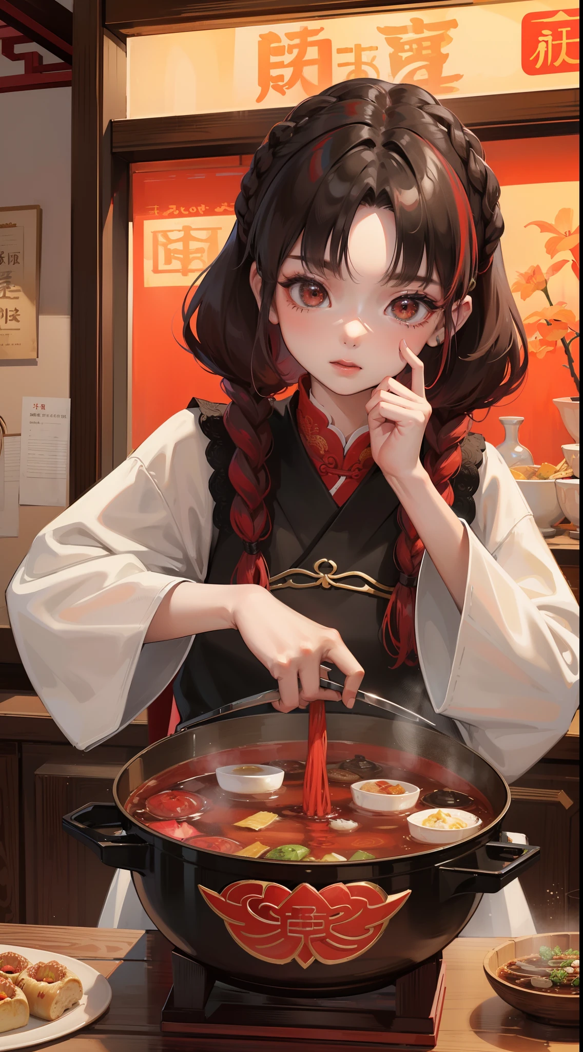 Chengdu girl eats hot pot,Delicate facial features,Delicate,(There is lotus embroidery on the clothes:1.4),(Chinese red:1.4),Lively street stalls,the night,red colour,Abundant hot pot ingredients,Twist braids,8K,super-fine,tmasterpiece,Accurate hands,Detailed pubic hair,dynamic viewing angle