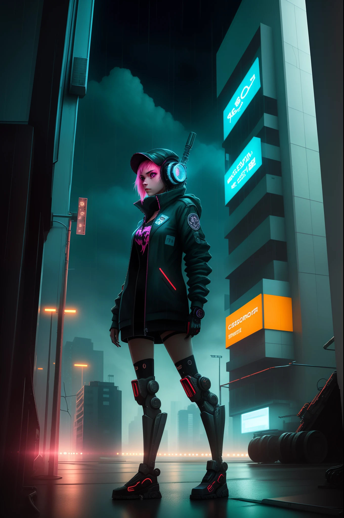 sci-fy,Machinary,cyber punk perssonage,tall house,neonlight,A girl,under rain
