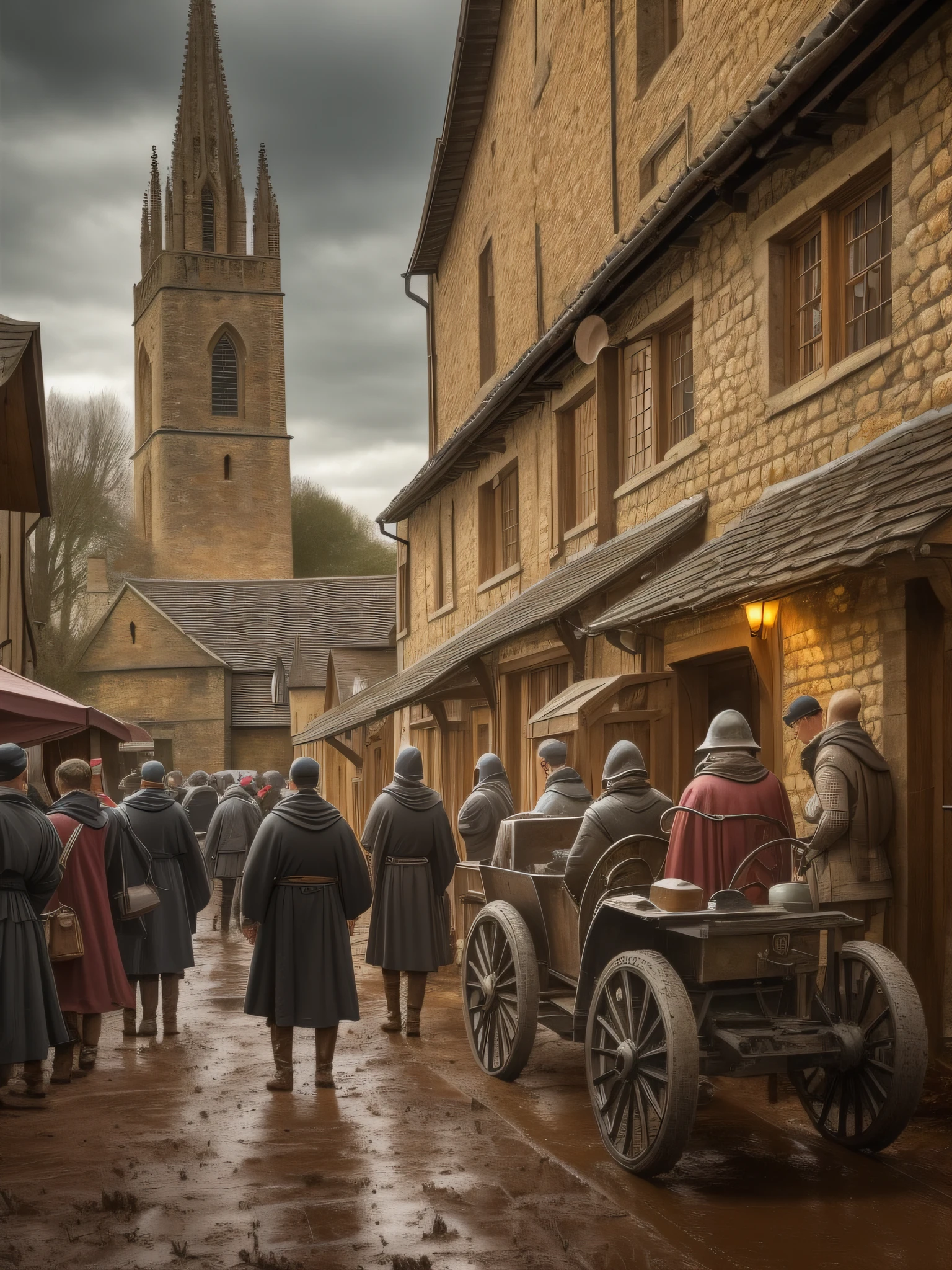 Medieval streets,muddy ground,The crowd,overcast day,There are blacksmith shops along the street,dining room,pub,Weapons shop,Medieval outfit,There is a cathedral in the distance,There are cars and horses on the road,Dark tones