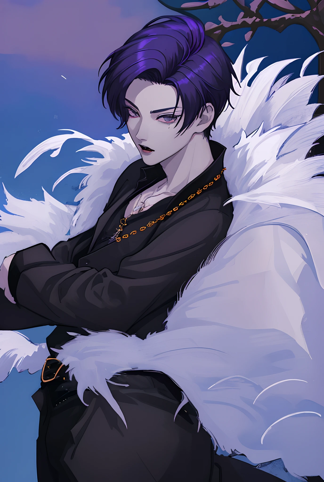 Moonlight behind, Stand in Front of the Church, Man with bright purple hair, inspired by Sim Sa-jeong, nixeu and sakimichan, Inspired by Wang Duo, Morgoth, inspired by Bian Shoumin, Virtual Self, looking this way, inspired by Gang Se-hwang, inspired by jeonseok lee, Tumbler, high-level image quality、 beautiful male、tall、Bedrooms、window、nightfall、nighttime scene、𝓡𝓸𝓶𝓪𝓷𝓽𝓲𝓬、Korean Male, Idol Photos, k pop, Professional Photos, Vampires, À la Fed Man with Necklace, inspired by Sim Sa-jeong, androgynous vampire, :9 detailed face: 8, extra detailed face, detailed punk hair, ((asa)) baggy eyes, Seductive. Highly detailed, semi realistic anime, Vampires, hyperrealistic teen, delicate androgynous prince, imvu, short hair above the ears, Man with short hair, Glaring expression, Cool Pose, Korean fashion for men in black and white