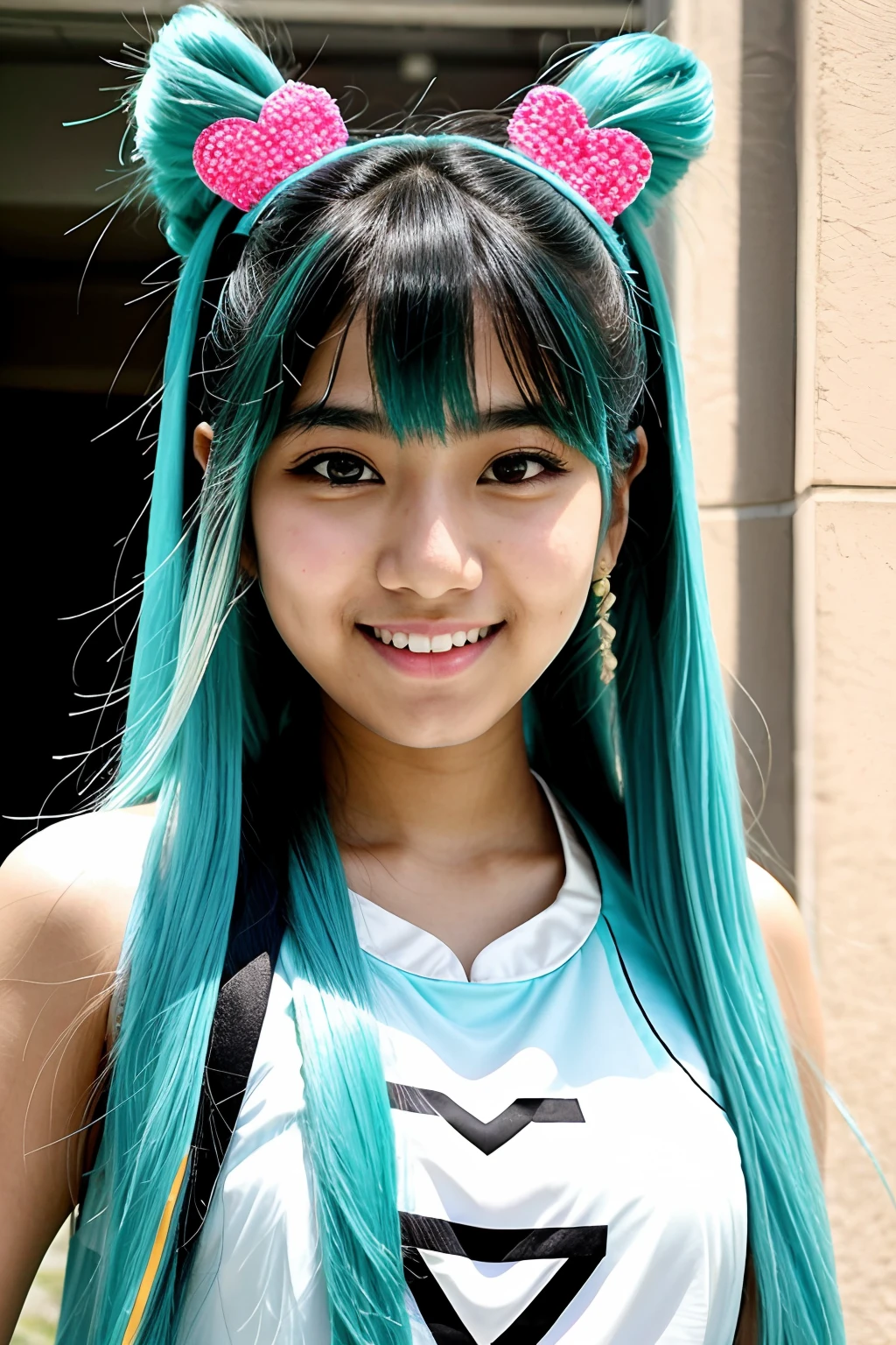 instagram photo, closeup face photo of teen Indian Korean Japanese girl, in Hatsune Miku Costume, (smile:0.4), hard shadows