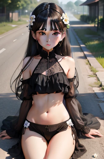 In summer, there are flowers on the roadside, one two girls, one wearing black silk, the other wearing white silk, melon seed face, small eyes, top showing the navel