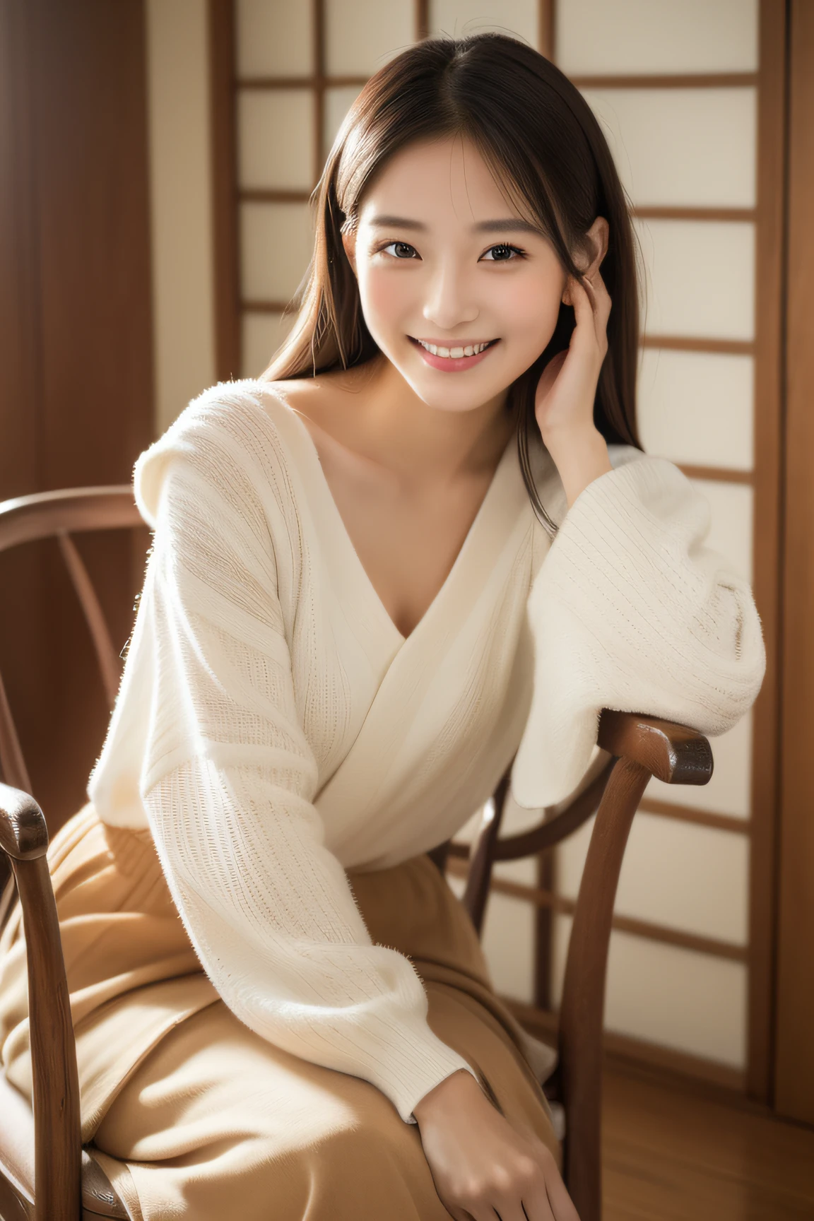 (top-quality、8K、32K、masterpiece)beautiful japanese female、I'm sitting in a chair and looking at me.。Facing straight ahead、I'm smiling a little、the background is white
