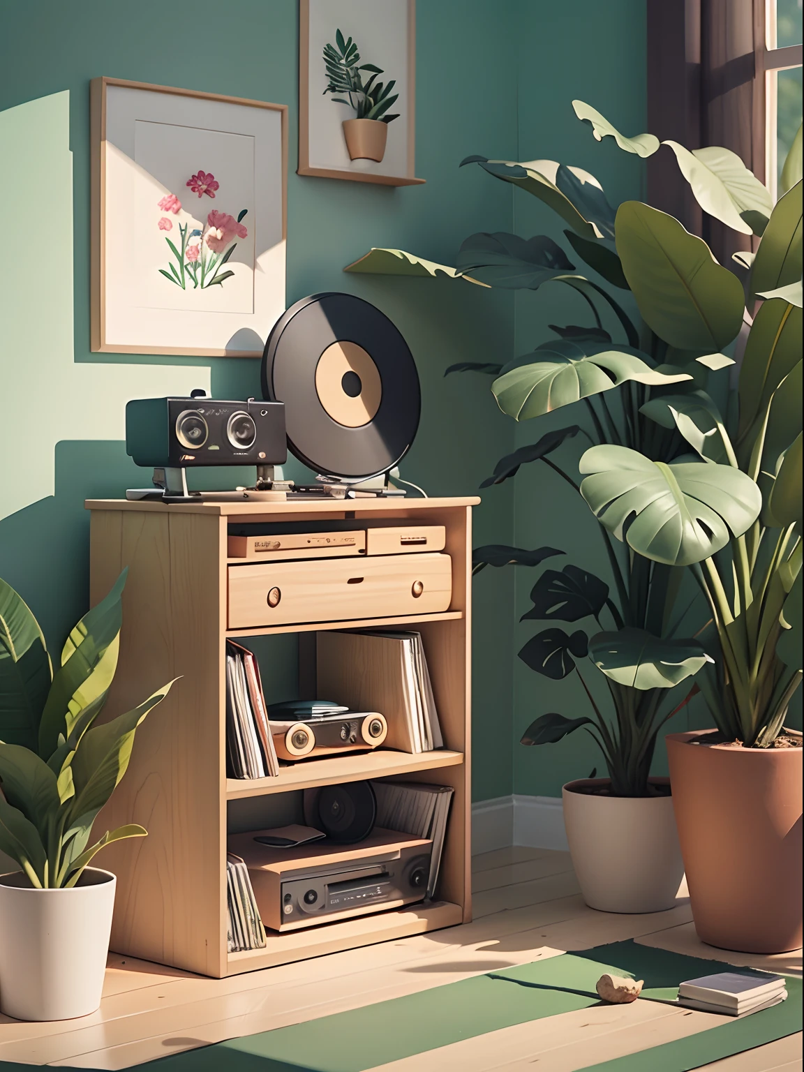 Draw illustrations to listen to record player music in cartoon style. Add natural elements, As plants and flowers, And use a soft color palette to create a relaxing atmosphere.