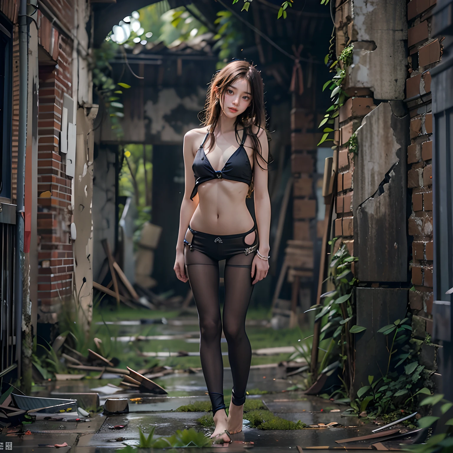 abandoned ruins，Sexy standing pose，full-body portraits（1：1），18 years old girls，Slender and slender figure，Skinny，As thin as a whipping post，Smaller bust，The barefoot，Random nudity all over the body，exhibitionists，Random exposure of genitals，face to the viewer