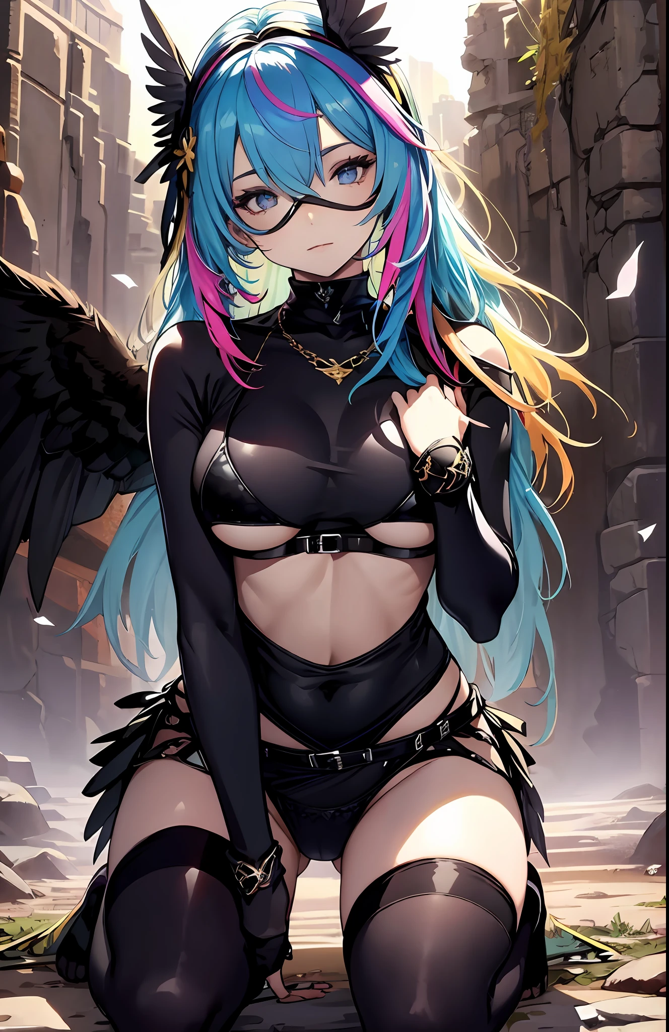 best qualityer，tmasterpiece，Ultimate resolution，downy，Extremely colorful，Colorful，Valley background，（colored mist）,Dancer，Bikini tights，Blindfolds，huge tit，The kinky is exposed，（cabellos largos dorados），Bird wings，a matural female，Kneeling pose，black reotard，vale，fog atmosphere，Normal posture