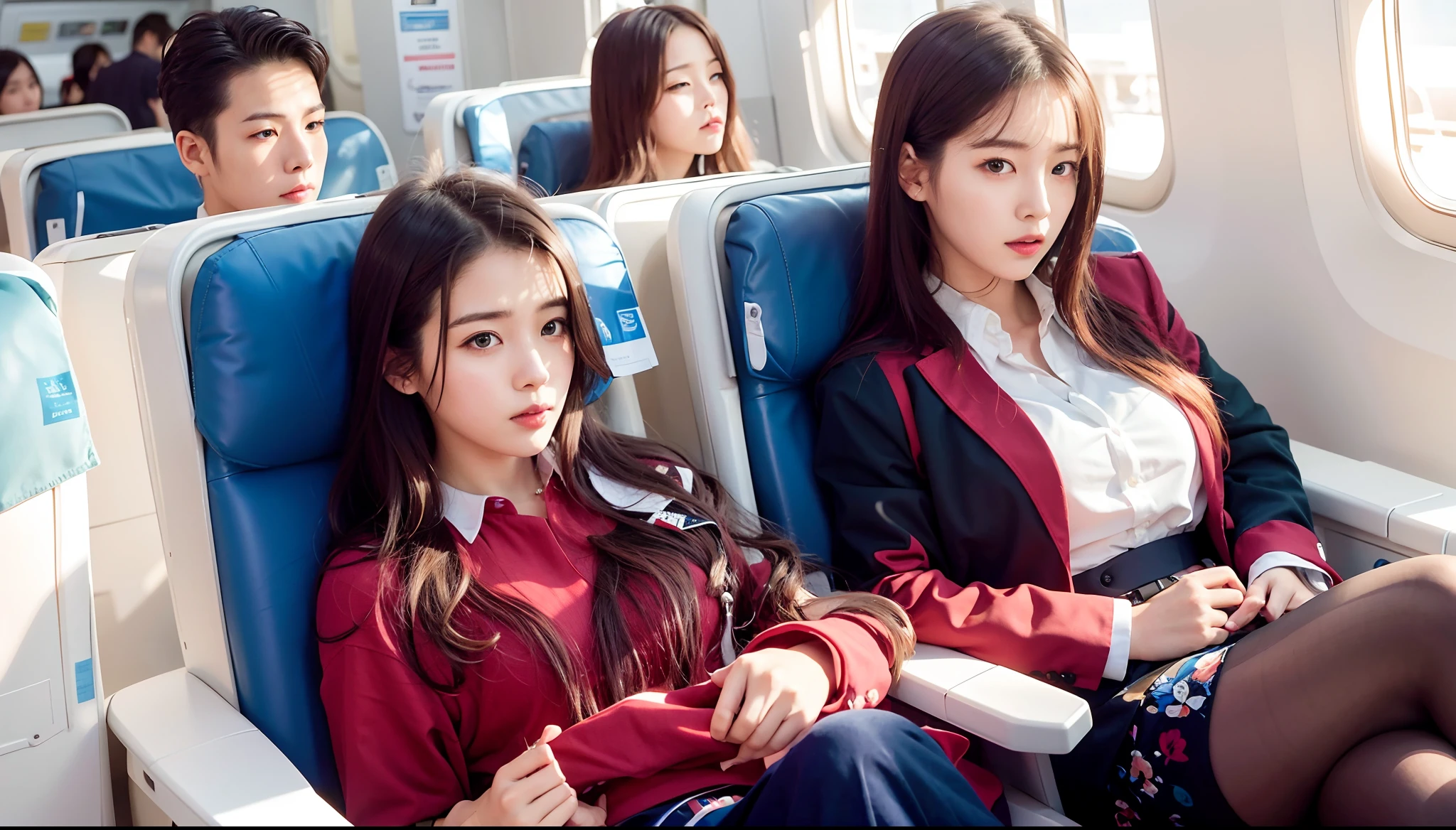 there are two women sitting on a plane with one woman looking at the camera, sakimichan, official, jaeyeon nam, ulzzang, beautiful women, beautiful girls, airplane, official artwork, korean girl, magazine photo, cute girls, official photos, korean artist, bright sky, asian women, parody work, they are very serious, official fanart