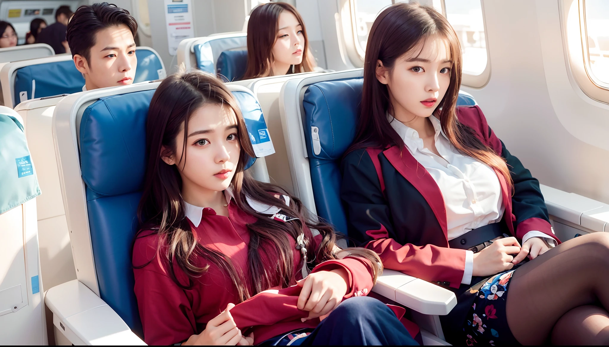 there are two women sitting on a plane with one woman looking at the camera, sakimichan, official, jaeyeon nam, ulzzang, beautiful women, beautiful girls, airplane, official artwork, korean girl, magazine photo, cute girls, official photos, korean artist, bright sky, asian women, parody work, they are very serious, official fanart