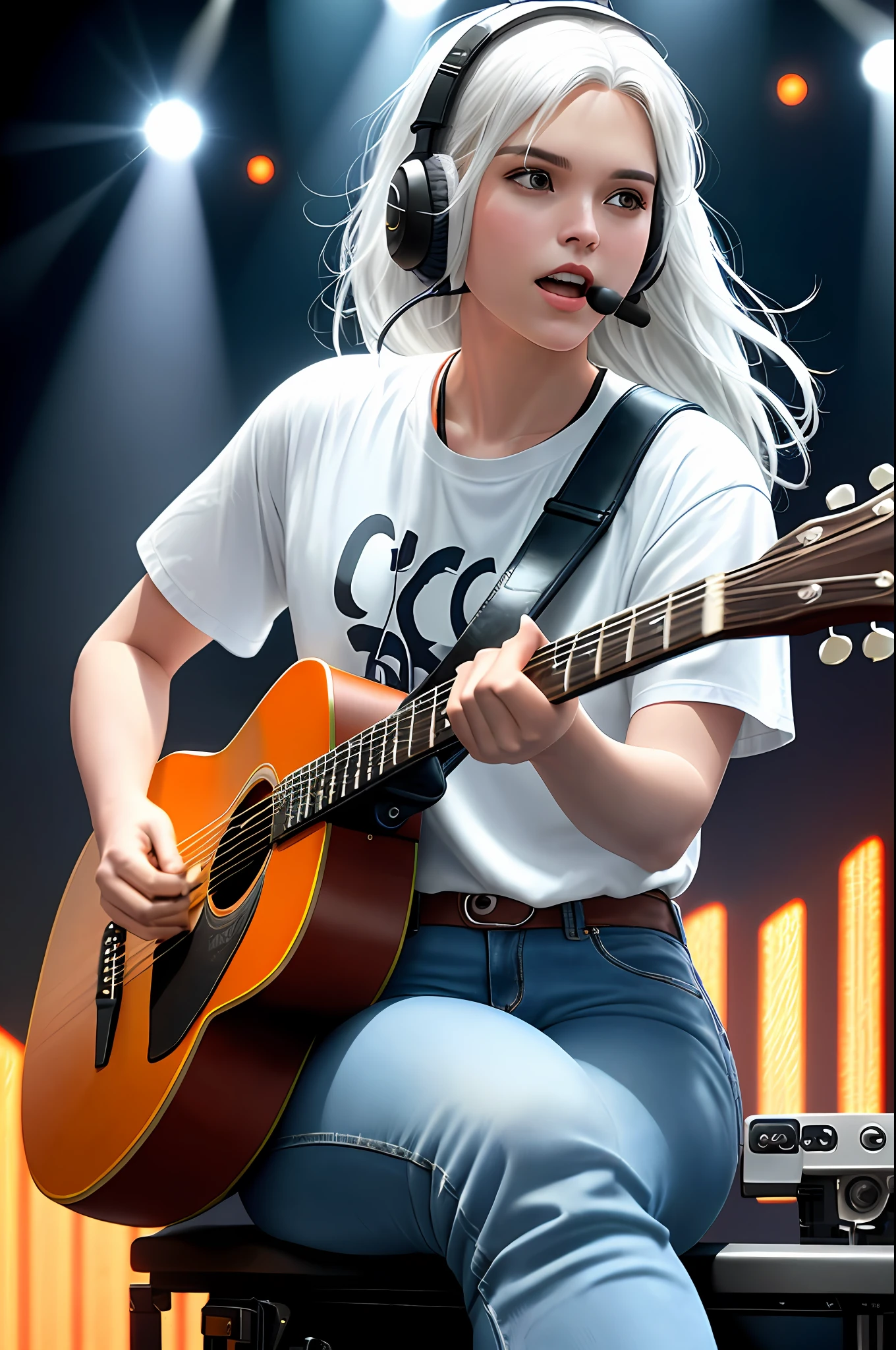 a pregirl,Sitting on a motorbike,Holding the guitar,With a headset,Singing,The stage lighting is rich in color,White hair,Orange and loose-fitting clothing,denim pant,tmasterpiece,Cinematic effects Detailed details,Official 4k,Depth of field effect,depth of fields,blurryforeground,The background is blurred out,middlebreast
