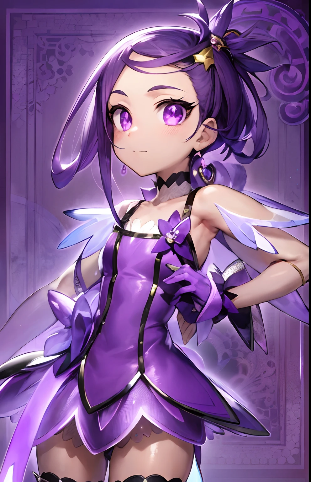 Anime boy with purple hair and purple and white dress poses for photo, Portrait of a magical boy, Prince of Amethyst, Official Character Art, Magical Boy, Purple boots, style of magical girl, hight resolution, Sparkling Magical Boy, Boy with glowing purple eyes, Wallpaper!, Anime Boy