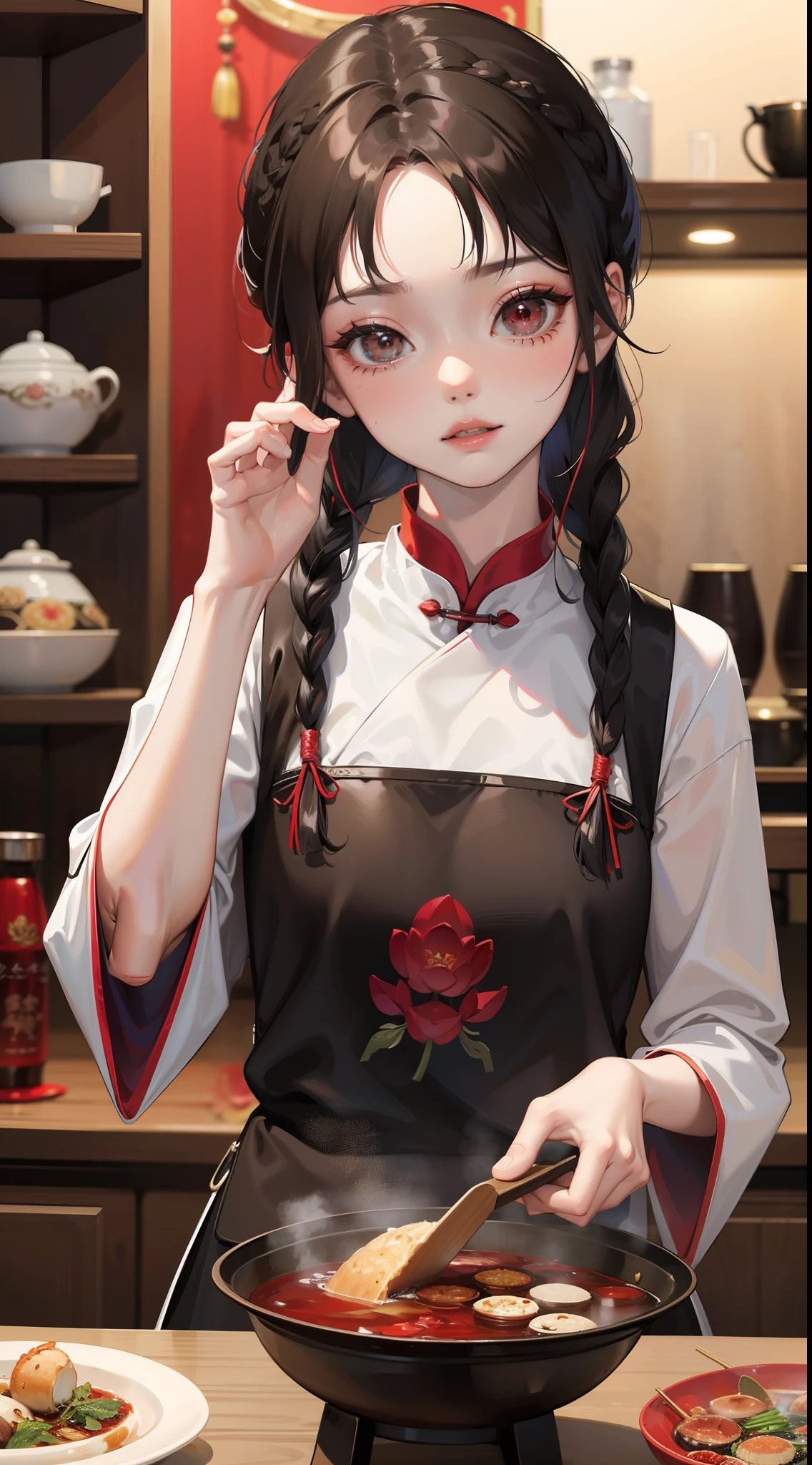 Chengdu girl eats hot pot，Delicate facial features，Delicate，（There is lotus embroidery on the clothes：1.4），（Chinese red：1.4），Lively street stalls，the night，red colour，Abundant hot pot ingredients，Twist braids，Enhanced depth of field，8K，super-fine，tmasterpiece，Accurate hands，Detailed pubic hair，dynamic viewing angle