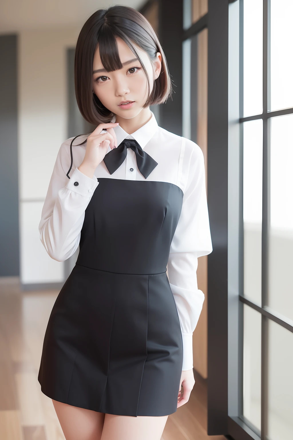 Highest quality、masterpiece、8k、Very detailed、Realistic、(One girl)、(Looking at me with a smile:1.5)、whole body、(Black Hair)、Short Hair、Small face、(Slender:1.2)、(Big Breasts:1.2)、(White business shirt with buttons and a collar:1.2)、(short tight skirt in gray,:1.2)、(Grey business jacket:1.2)