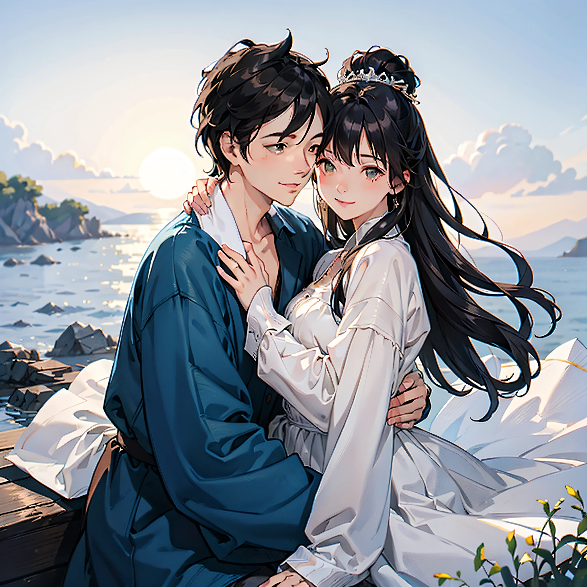 In thai novel art style A couple safic of Two young adult South Korean women with height differences. The oldest in her twenty-eight with her black hair and shorter height and the youngest with her twenty-four years being more than his girlfriend. Embraced on the shore between sand and sea, they smile like a couple in love while the orange sunset sun illuminates their faces, which are enveloped by the beige colors of the sunset.