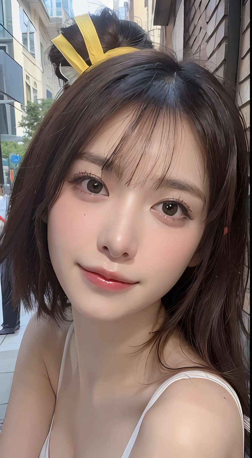 ((Best quality, 8k, Masterpiece :1.3)), 1girl, full body, slim face, Pretty woman, (Dark brown short cut hair), sexy dress :1.1, Ultra-detailed face, Detailed eyes, Double eyelid,  blur background, slim face, city, outside, street,Highly detailed face and skin texture, Detailed eyes, Double eyelid,smile:1.5,,white bikini,(large breasts:1.3),