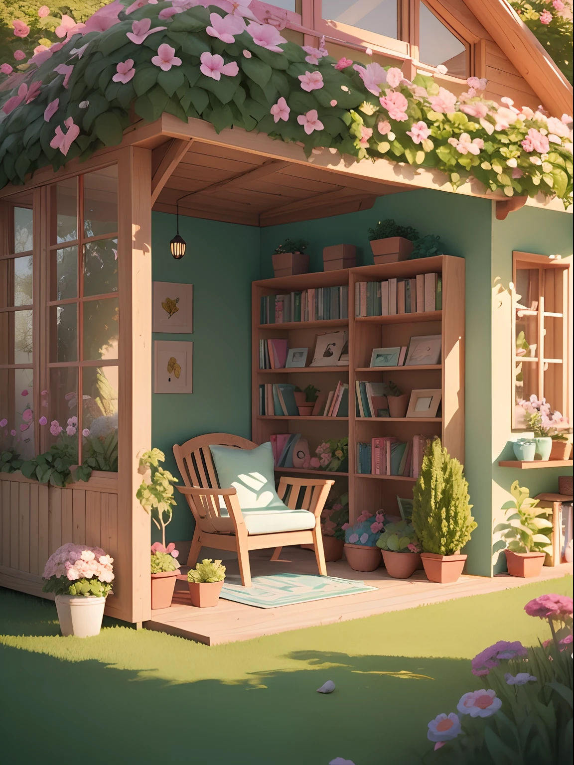 Draw an illustration of a reading corner in cartoon style. Add natural elements, As plants and flowers, And use a soft color palette to create a relaxing atmosphere.