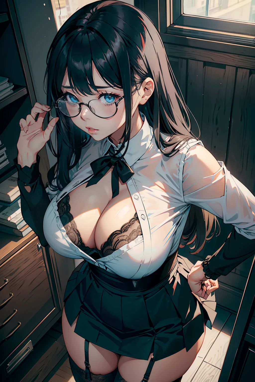 OL 、eye glass、Light blue tight skirt、Torn black stockings、Lace black bra、Open white blouse、Colossal tits、low angles、Black T-back、Panchira