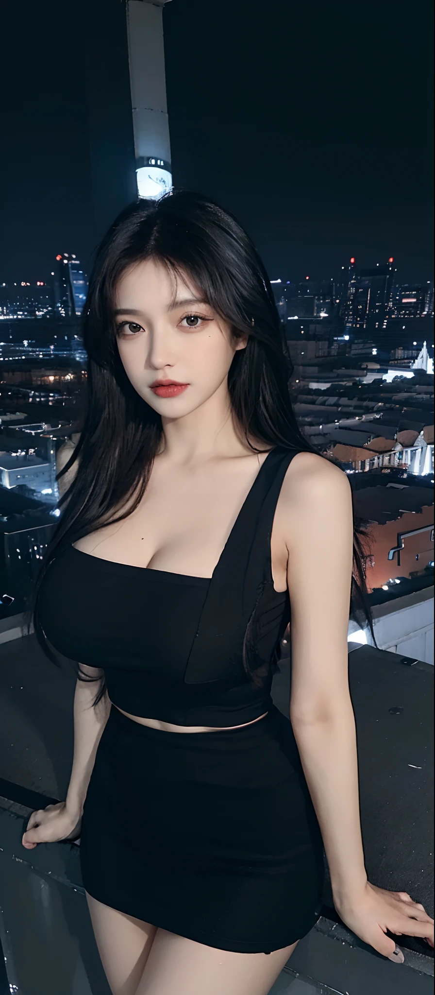 ((Midnight, Excellent, 8K, Masterpiece: 1.3)), Full body, Long legs, Focal length: 1.2, Perfect Body Beauty: 1.4, Slim Abs: 1.1, ((Dark Brown Hair, Big Breasts: 1.2 )), (Bikini, Standing: 1.2), ((City Night View, Roof: 1.3)), Highly detailed face and skin texture, Fine eyes, Double eyelids