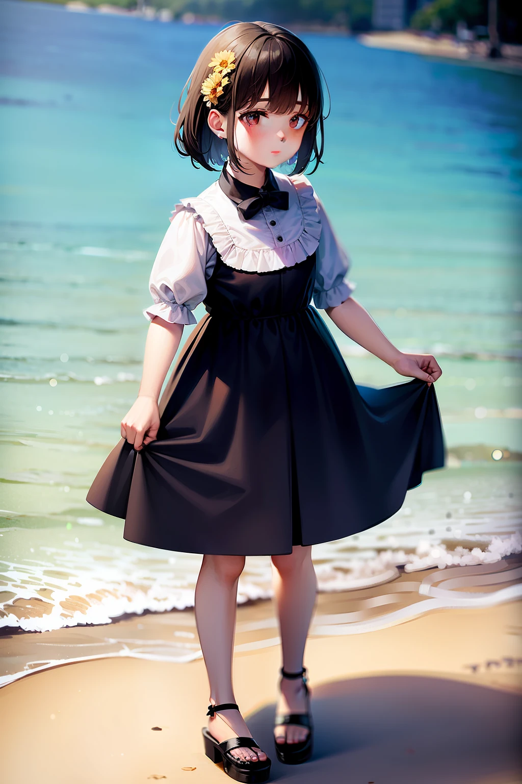 A young girl stands on the beach with flowers in her hand