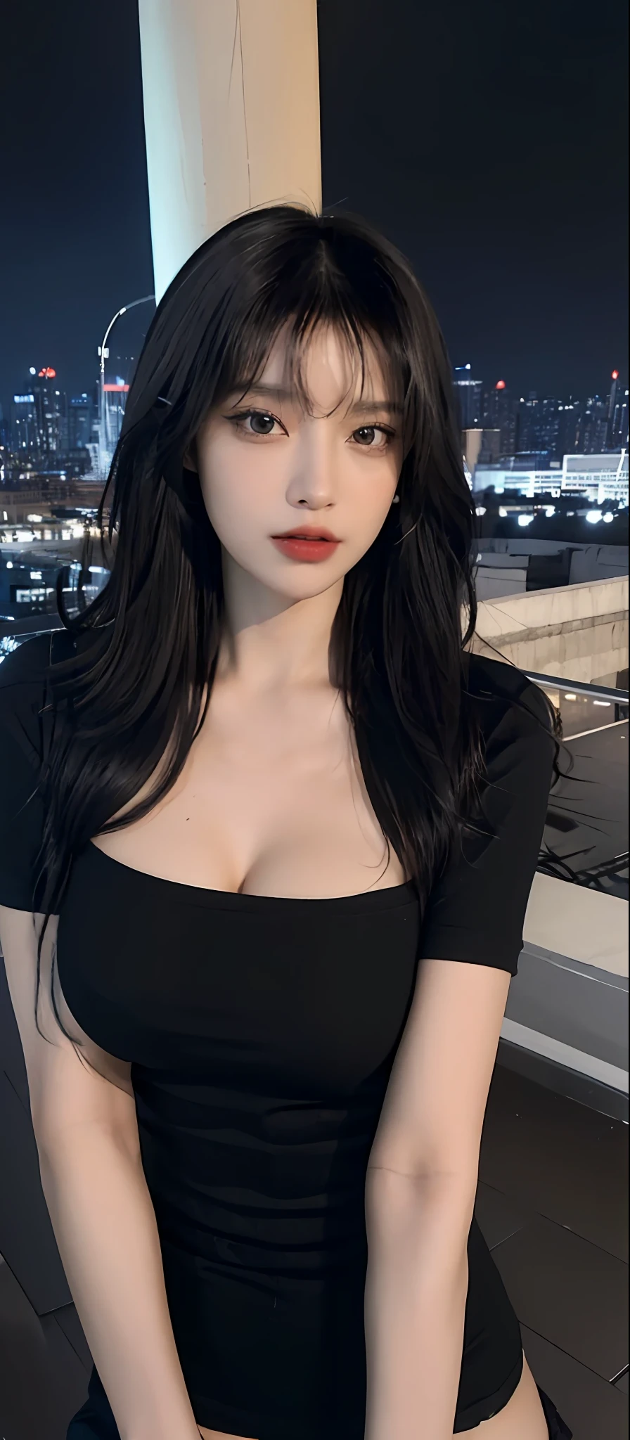 ((Midnight, Best quality, 8k, Masterpiece :1.3)), (close up), Sharp focus, A pretty woman with perfect figure, ((black hair, Big breasts)), (tight t-shirt, short skirt, Standing), ((Night city view, Rooftop)), Highly detailed face and skin texture, Detailed eyes, Double eyelid, cleavage
