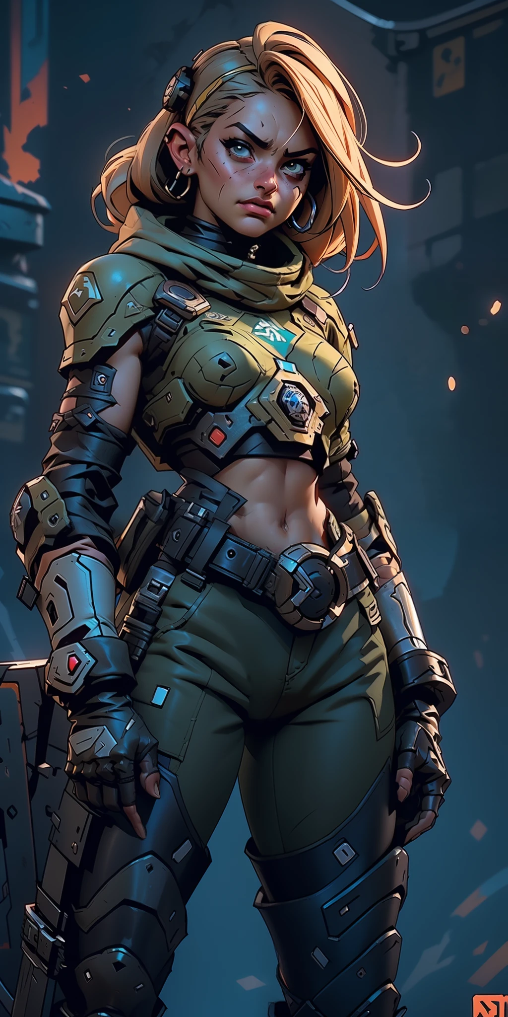 nsfw, melhor qualidade, Ultra Detalhado, obra prima, 1 garota, combatente sci-fi estilo doom slayer, Jogo de doom eternal, ((garota soldado usando uma armadura nsfw)), dinamic poses, Pose de combate, motor ureal 5, 8k, dramatic light, Apocalyptic urban setting, proporcional, simetrico, Aurea Ratio, art-station