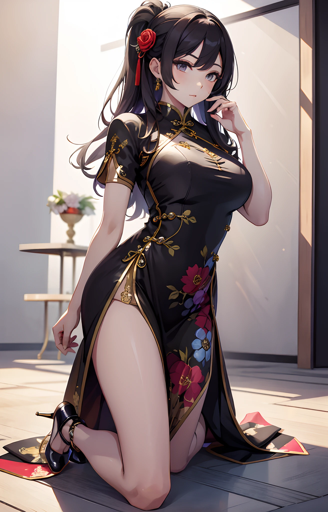 (Best Quality)), (Masterpiece), (Sharpness), 32k, (Best Quality Depiction), (Best Quality), Art, Detailed and Detailed CG Art, Detailed Human Body, Clear Air: 1.3, (Perfect Anatomy), (Flawless Body Depiction), Golden Ratio, Depiction of Perfect Woman, 1 Woman, (Chinese Adult Woman in Early Twenties), (Lustrous Black Hair, Long Hair: 1.6), ( Beautiful black eyes shiny),(Beautiful face with detailed detail), (Small:1.9), Light makeup, (Dense and detailed beautiful perfect cheongsam:1.4,Various floral patterns,No exposure:1.6), (Staring at viewer,Blushing:1.3), Outdoor,Chinese garden:1.3, Wind operation:0.7, Stream, Water flow,