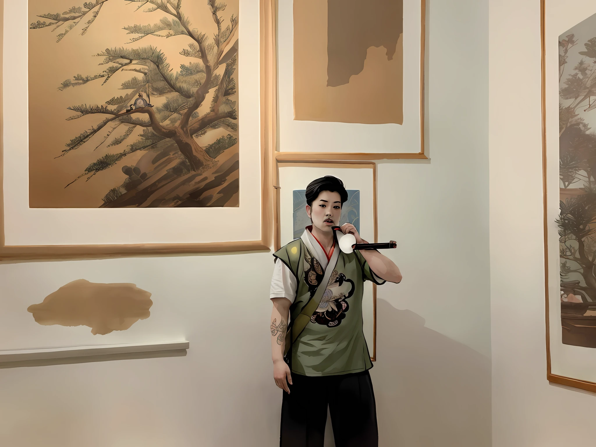 Arafeld man brushing his teeth in front of painting a wall, chinese artist, in an art gallery], inspired by Xu Beihong, ruan jian, bo xun ling, inspired by Huang Binhong, inspired by Lu Guang, qi sheng luo, in a museum room, inspired by Zhang Xiaogang, inspired by Wang Ximeng