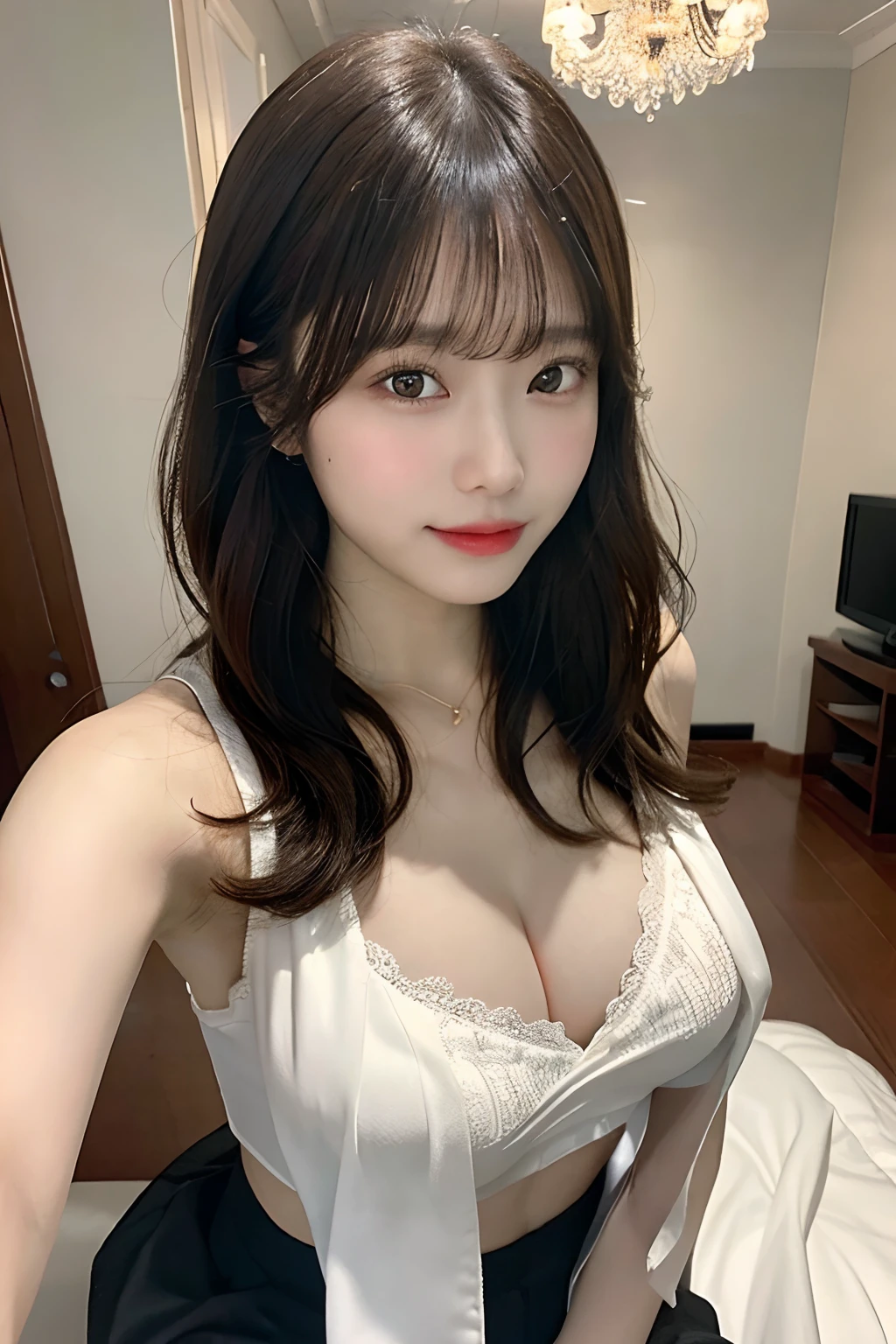 8K, Best Quality, Masterpiece, Ultra High Definition, (Photorealistic: 1.4), Raw Photos, Real Skin Texture, (Film Grain: 1.3), 1girl, Beautiful Detailed Eyes and Face, Masterpiece, Best Quality, Full Body, Sexy Clothes, Japan Idol, Fair Skin, Diagonal Bangs, Sting, Huge, Saggy Eyes, [Stockings | Pantyhose], Take a selfie with mobile phone in one hand, room background, blurred background, bra, cleavage, closeup