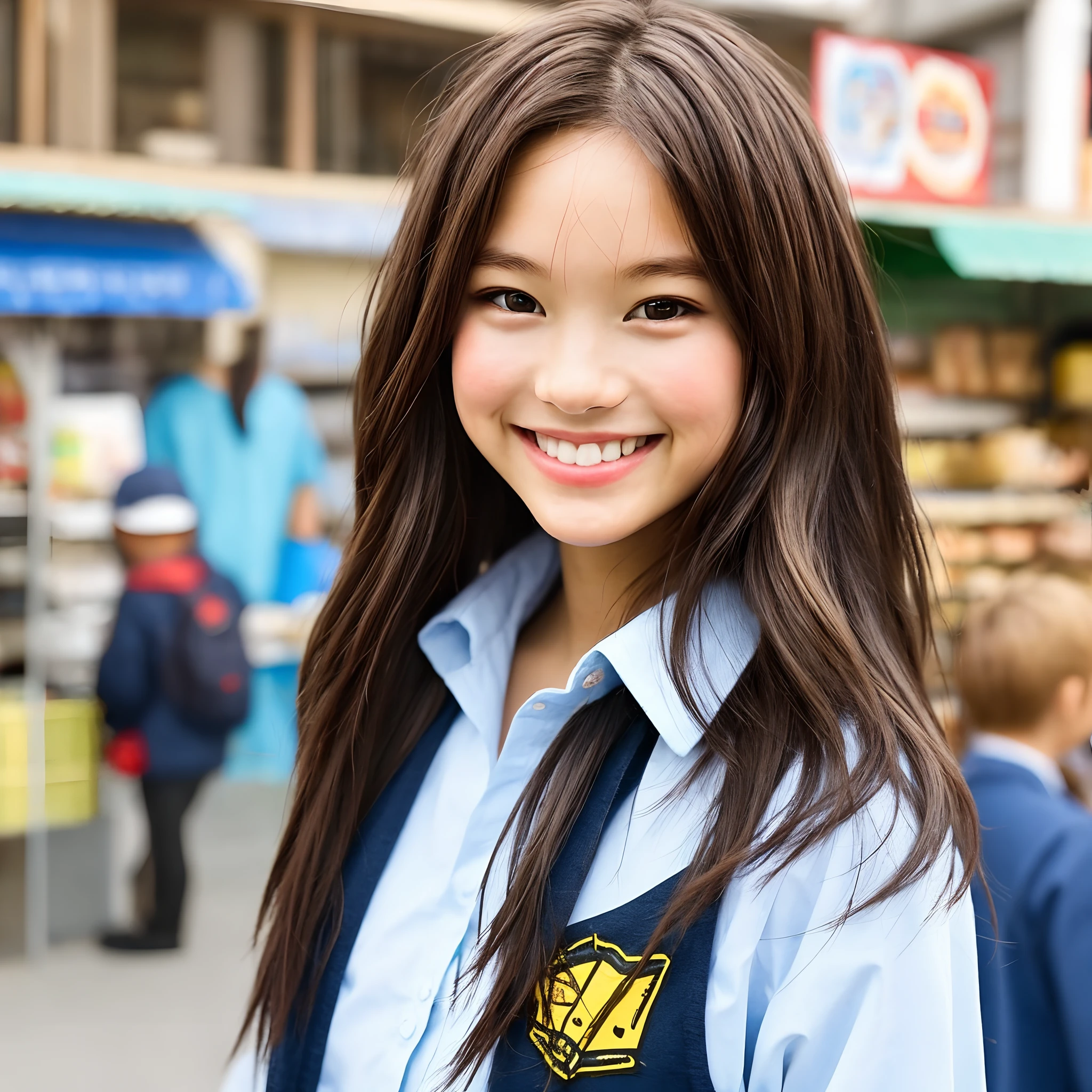 boy，brunette color hair，1.8 tall，Gentle eyes，Smiling slightly，looking to the camera，Background in the snack street