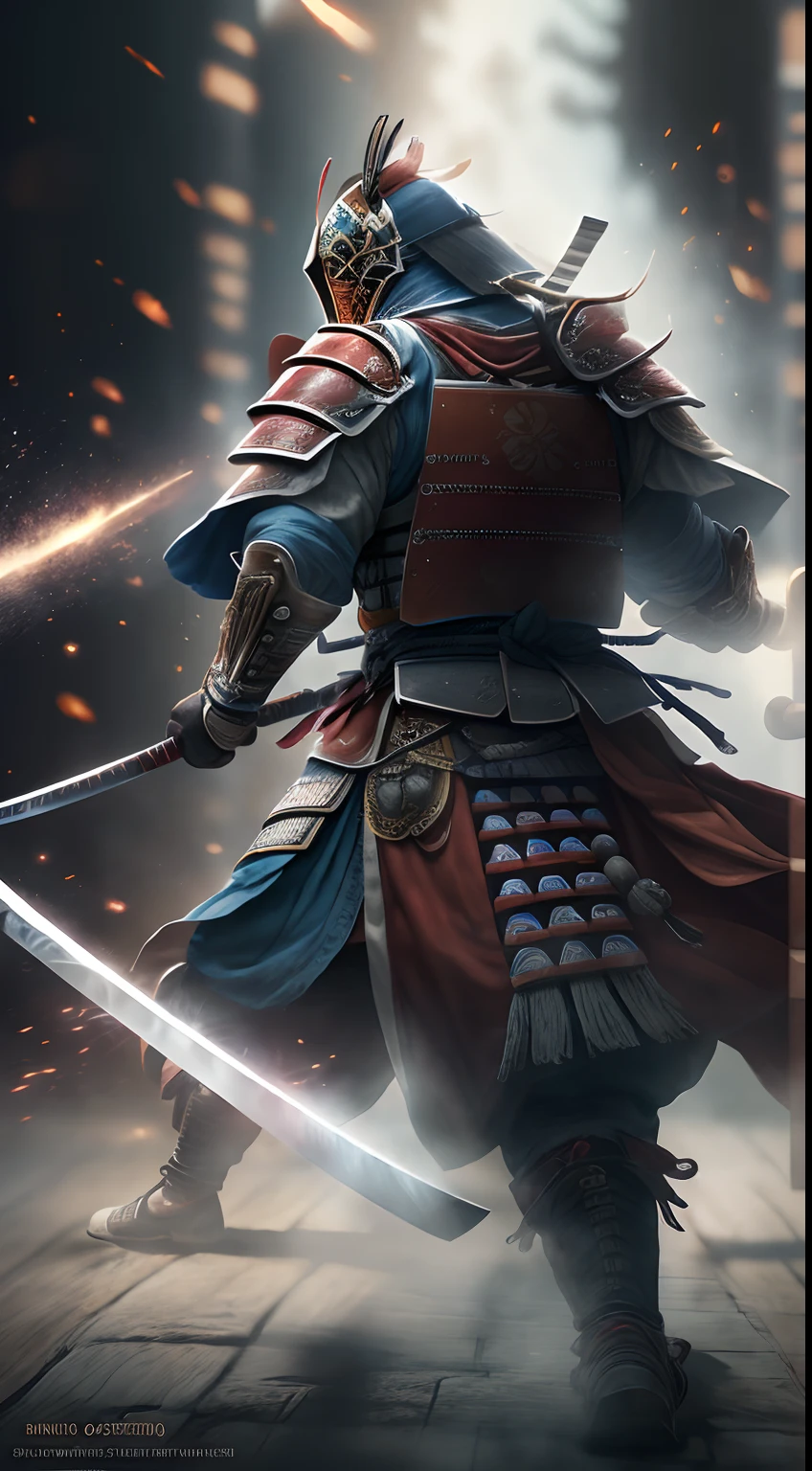 (8k), Ultra resolution 8K, Stunning obra maestra,off a samurai warrior , Powerful Hero, Warrior Prince,Traje de samurai Athletic Body samurai, armadura muy bien detallada,((sostiene una gran espada)), cinematic lighting,action pose, agregar efecto al final,Mythical background