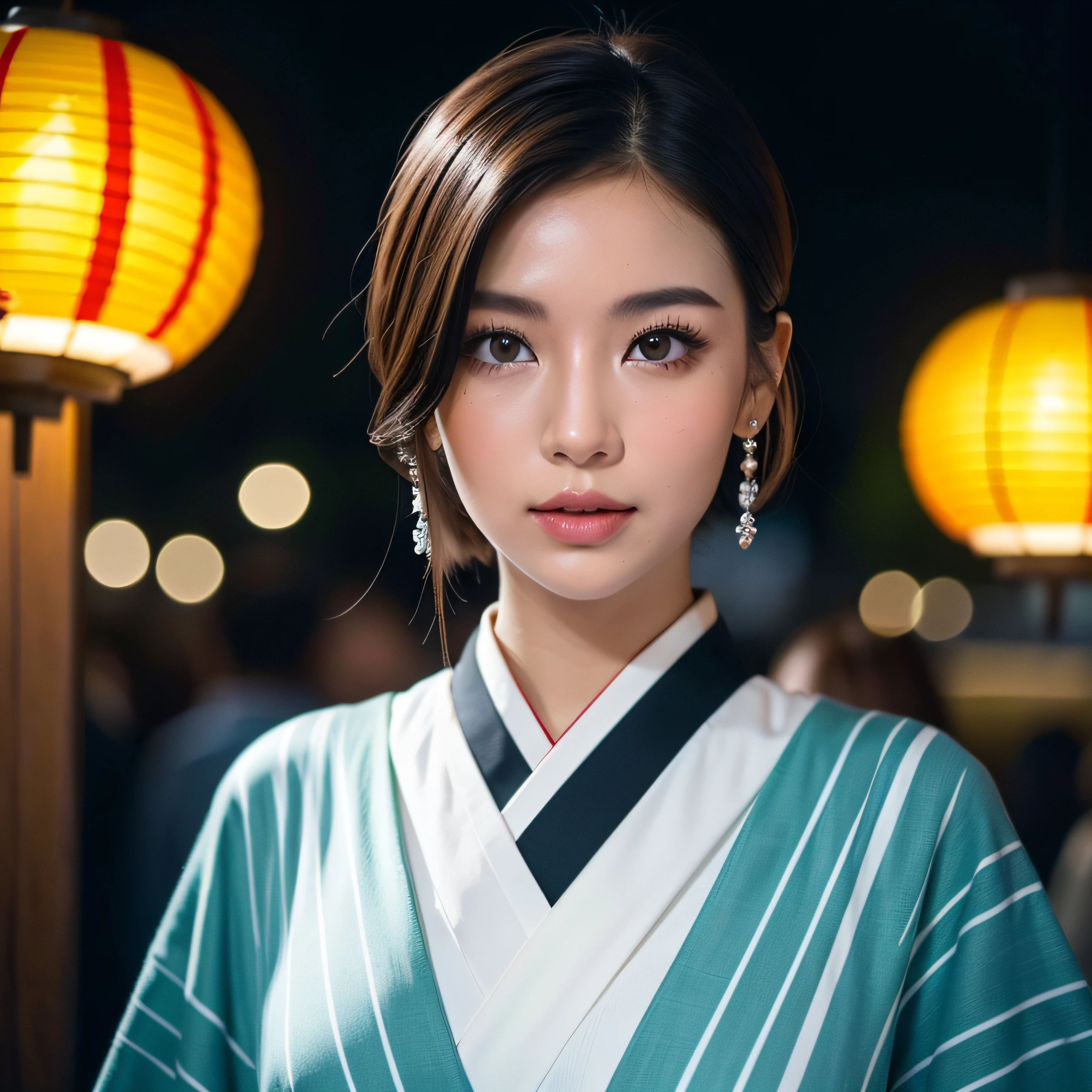 (((Wide View、fish-eye lens)))、(Japan Festival Venue)、Red lantern、beautifull asian girl ever、Upstyle Hair、brown haired、Slim Style、Wearing a yukata with a cute Japan pattern、a Korean girl、(top-quality、8K、32K、masterpiece、nffsw:1.3)、The background is the festival venue of the Japan、Japan stalls and lanterns、1 girl in、perfect bodies、hyperdetailed face、Detailed lips、finely eye、二重まぶた、jaw-dropping beauty