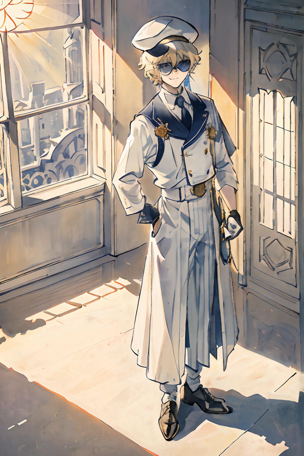 schoolboy,blond hairbl,blueneyes,ssmile,Lunette de soleil,Hold sunglasses,The sun comes from top to bottom,Stand in front of floor-to-ceiling windows,Hats