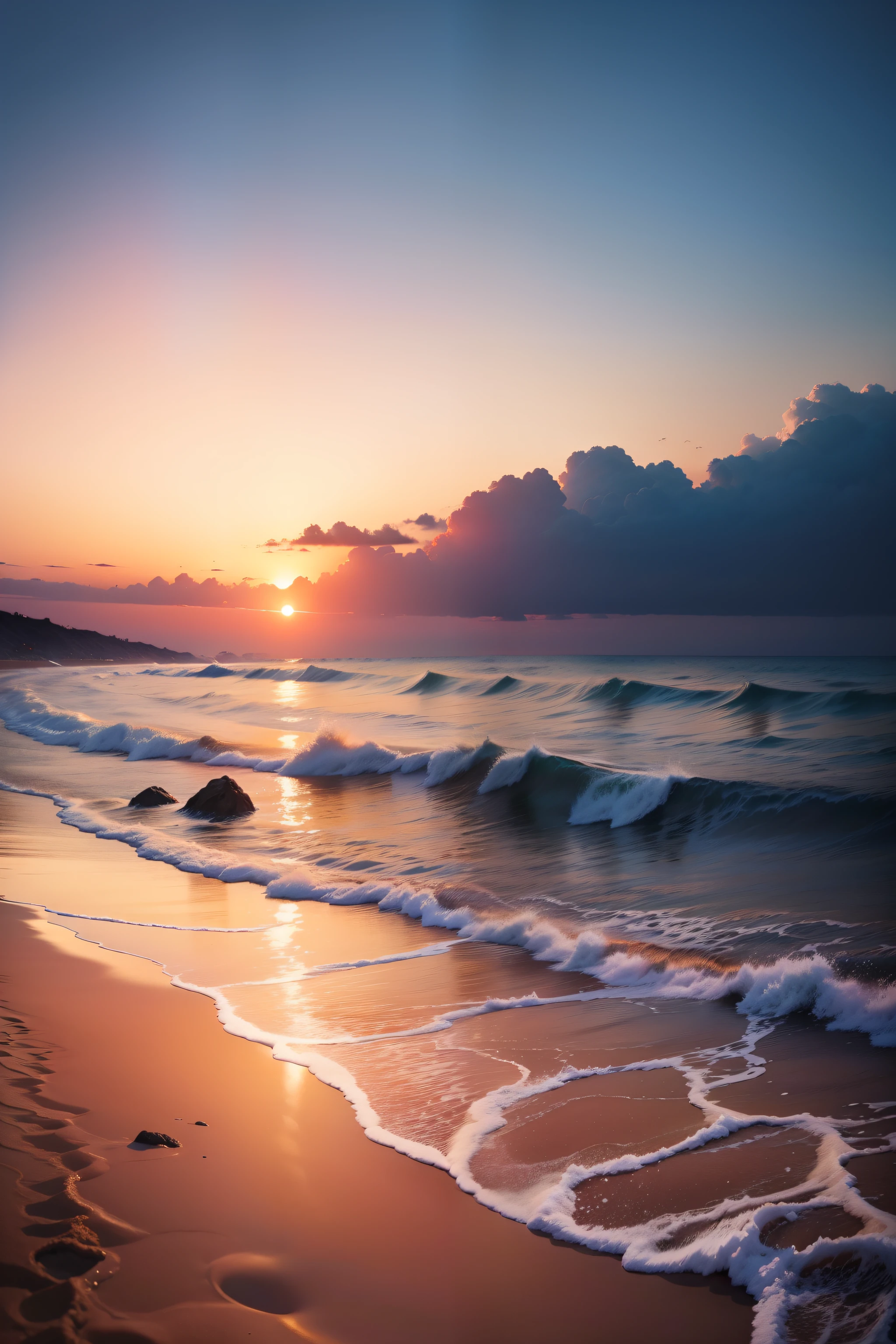 An absolutely mesmerizing sunset on the beach, with a mix of orange, pink, and yellow in the sky. The water is crystal clear, gently kisses the coast, and the white sand is endless. The scene is dynamic and breathtaking, with seagulls soaring high in the sky and palm trees swaying softly. Immerse yourself in the calm atmosphere and let the serenity surround you. --auto