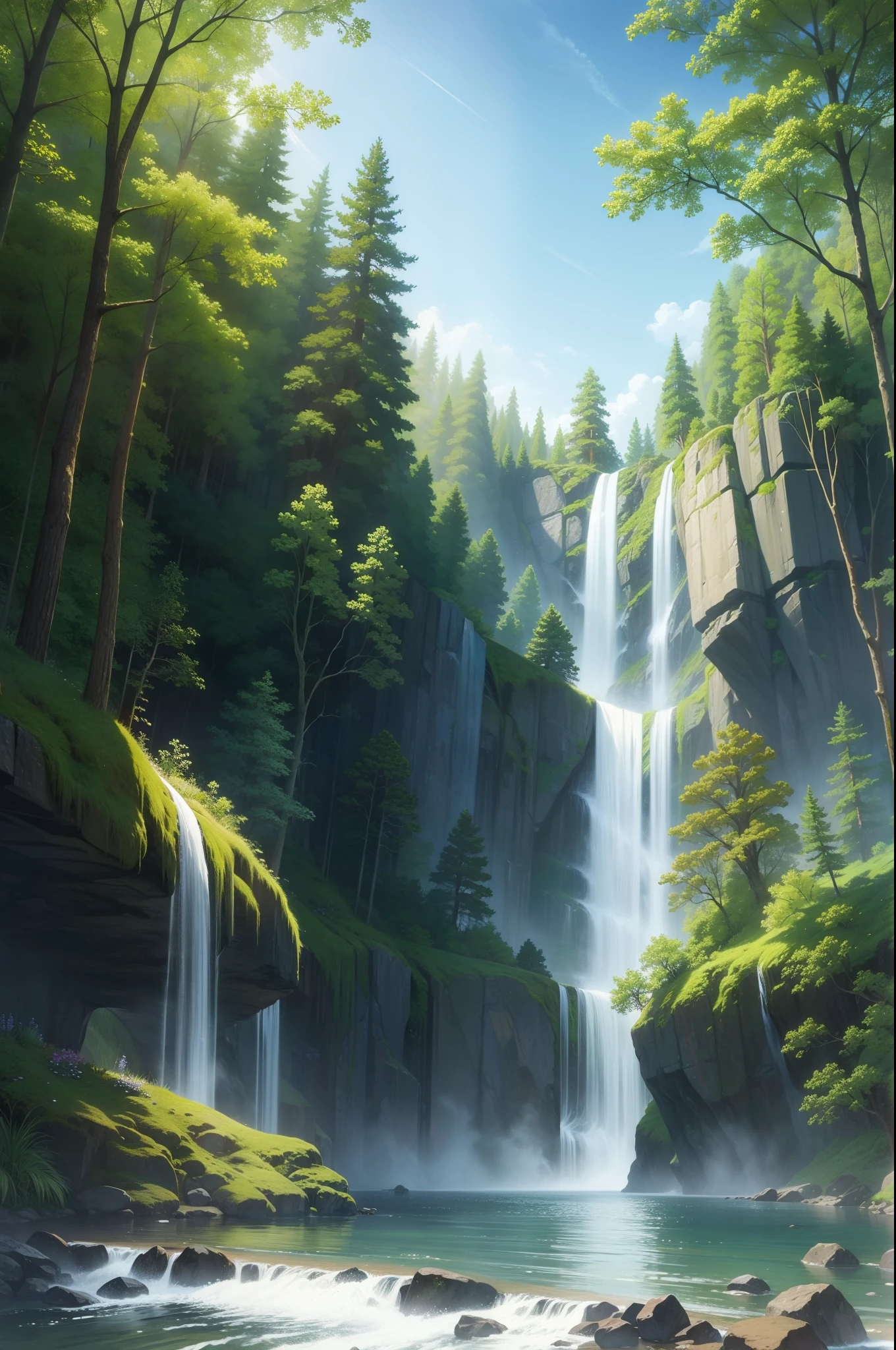 masterpiece, cliff with a waterfall, in a forrest, color drawing
