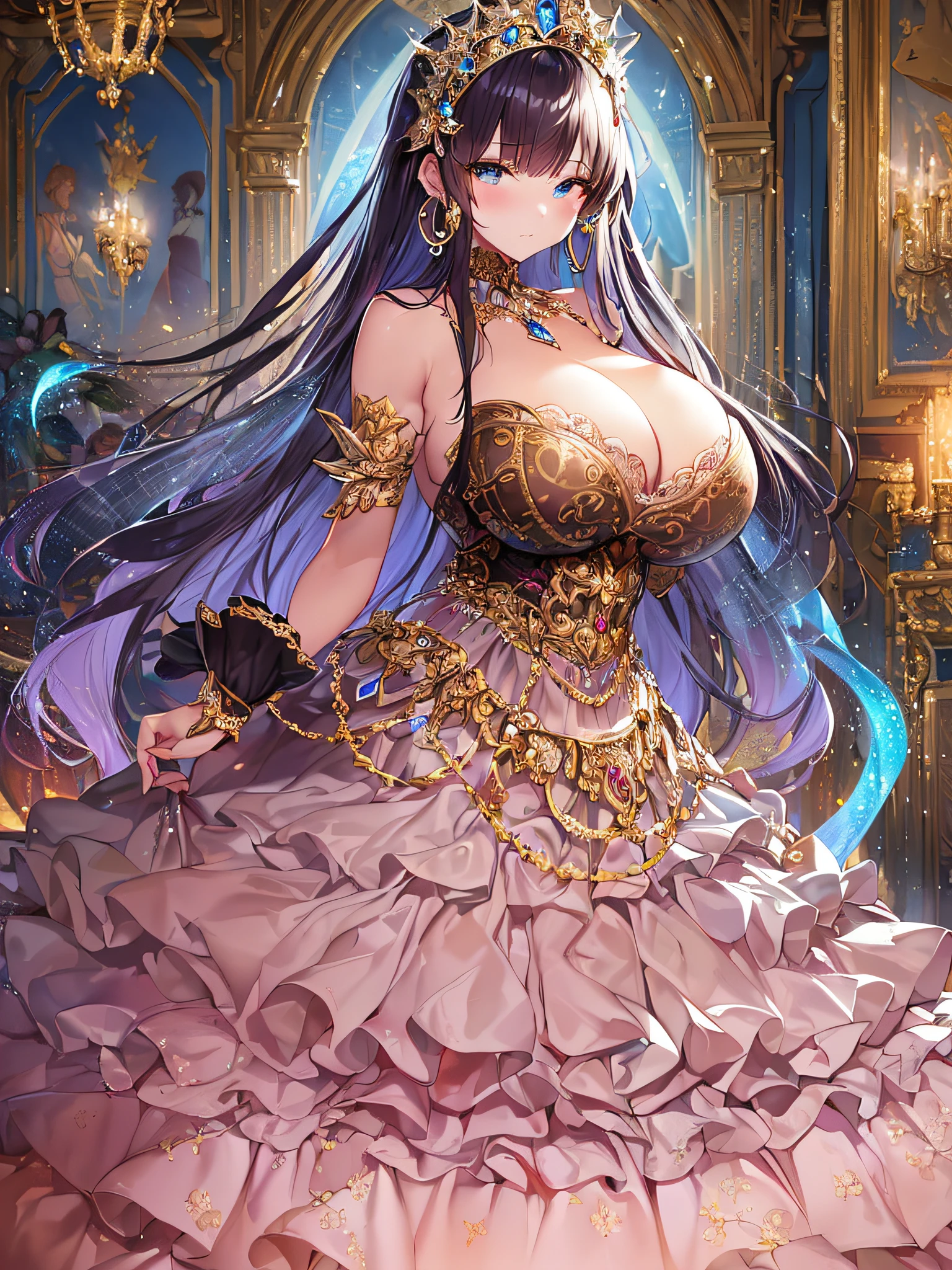 ((anime artstyle)),(Masterpiece),(Best Quality), (Super Detail),((Very Delicate and Beautiful)),(((Solo))),((full body portrait)),(((1 princess in baroque dress with full length voluminous hoop skirt))),crinoline,((standing in baroque office)),(((gorgeous Long train))),(gorgeous gemstone jewelry),detailed face and eyes,jewel-like eyes,((large amount of straight hair,extremely voluminous Very Long Straight Hair)),((gigantic tits,Long tits)),cleavage,extremely gorgeousfull hair ornament,((bling-bling extremely gorgeousfull jeweled tiara)),((Dynamic Angle)),Looking at viewer,(((baroque dress with full length voluminous hoop skirt)))