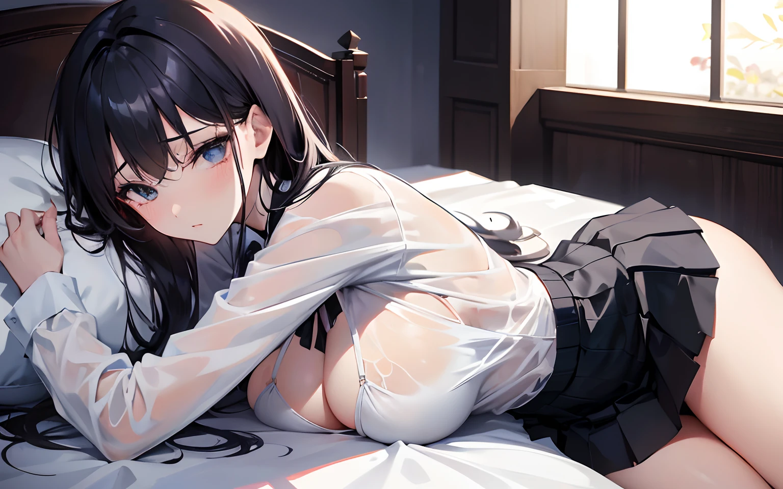 (absurderes、Absolute resolution、incredibly absurdness、hight resolution、ultra-detailliert:1.0、Official art)、master piece, Sharp Focus ,Delicate Beautiful Hair and Eyes and Face, Lifelike, Hyper-detailing, a matural female, Dynamic Hair, slender,pale skin, (Wearing a white long sleeve collard shirt and black pleated skirt), (large full breasts), cleavage of the breast,((areola is sheer)), Beautiful cute woman,Wet in the rain,(delicate dark blue hair),(length hair),Delicate dark blue eyes, , , embarassed expression,(Lying in bed), Lying face down, Bedroom, Buttocks, thighs thighs thighs thighs, Sexy legs