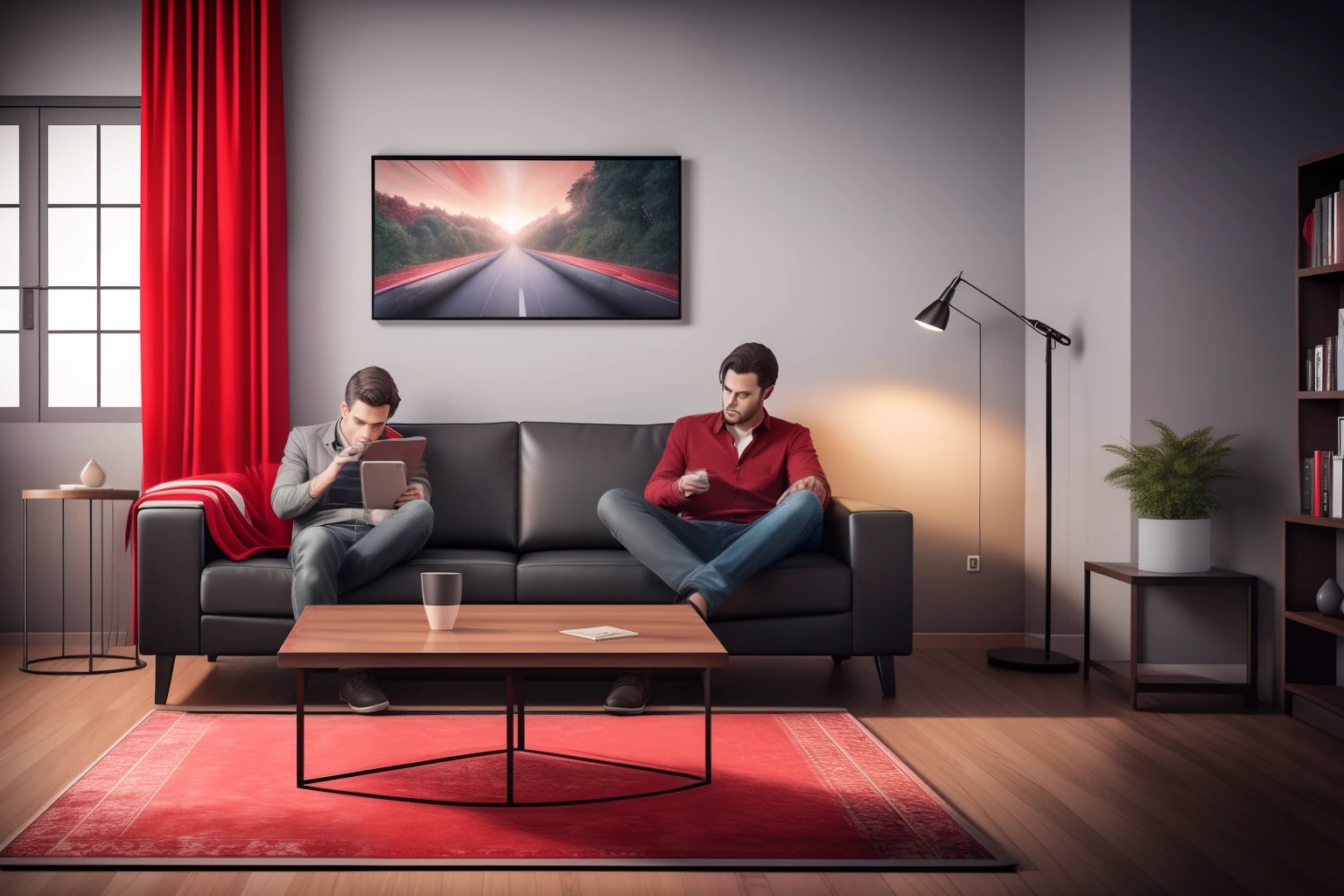 Best quality, ultra high res, (photorealistic:1.4), hdr, hyperdetailed. Sad man with dark hair looking in smartphone. Man sitting on sofa. Spotlights, cameras. Tabloid talk show. A lot of space. Red and grey colors in interior design.