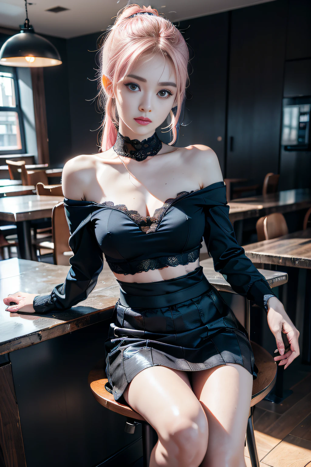 ((masuter piece)), ((top-quality)), (super detailing), ((High detail)), 4K, (8K), Top image quality, (Beautiful fece), Photos realistic, absurderes, Dating style, Pink hair、blue colored eyes，long whitr hair、耳 Ring、Open navel，Pink off-the-shoulder knitter, Black lace miniskirt, satisfied look, Natural beautiful light, Beautiful and beautiful woman、coffeehouse、sit on chair、looking at viewert