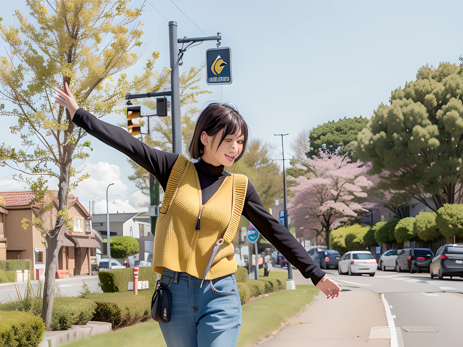 Woman in yellow vest and jeans walking down the street with her arms outstretched, photo taken with canon 5d, chiho, taken with canon 8 0 d, taken with canon eos 5 d, photograph taken in 2 0 2 0, On a sunny day, on a bright day, In sunny weather, beautiful fine sky, taken with a canon eos 5 d