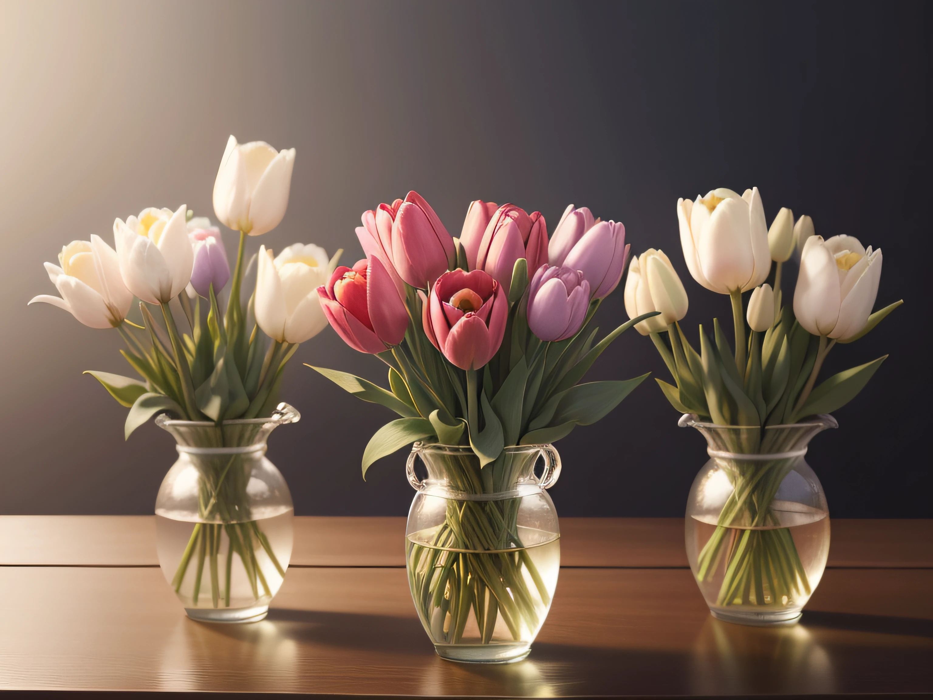 long-stemmed tulips of light color, , flower bouquet, The stems are tied with ribbons., Realistically rendered, photo-like style.