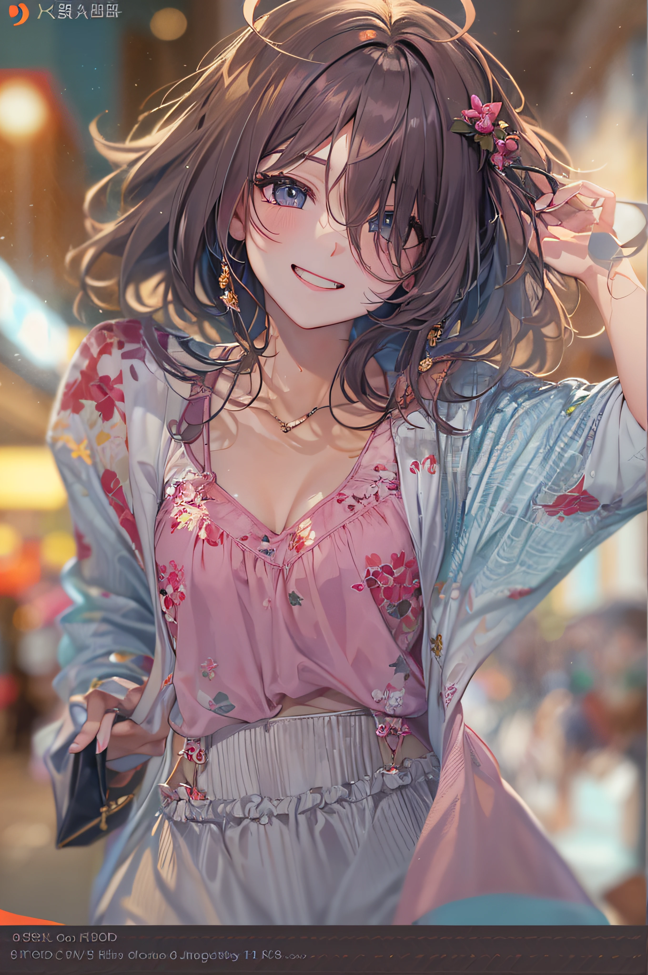 ((Best picture quality, 8K, tmasterpiece:1.3)), 1 female, Beautiful woman with slender abs:1.3, (Casual hairstyle,:1.2), Random color clothes,cropped shoulders,Crop topping,Exposed cleavage, Ultra-fine face, A detailed eye, 二重まぶた,ssmile,flowy,The street background is blurred
